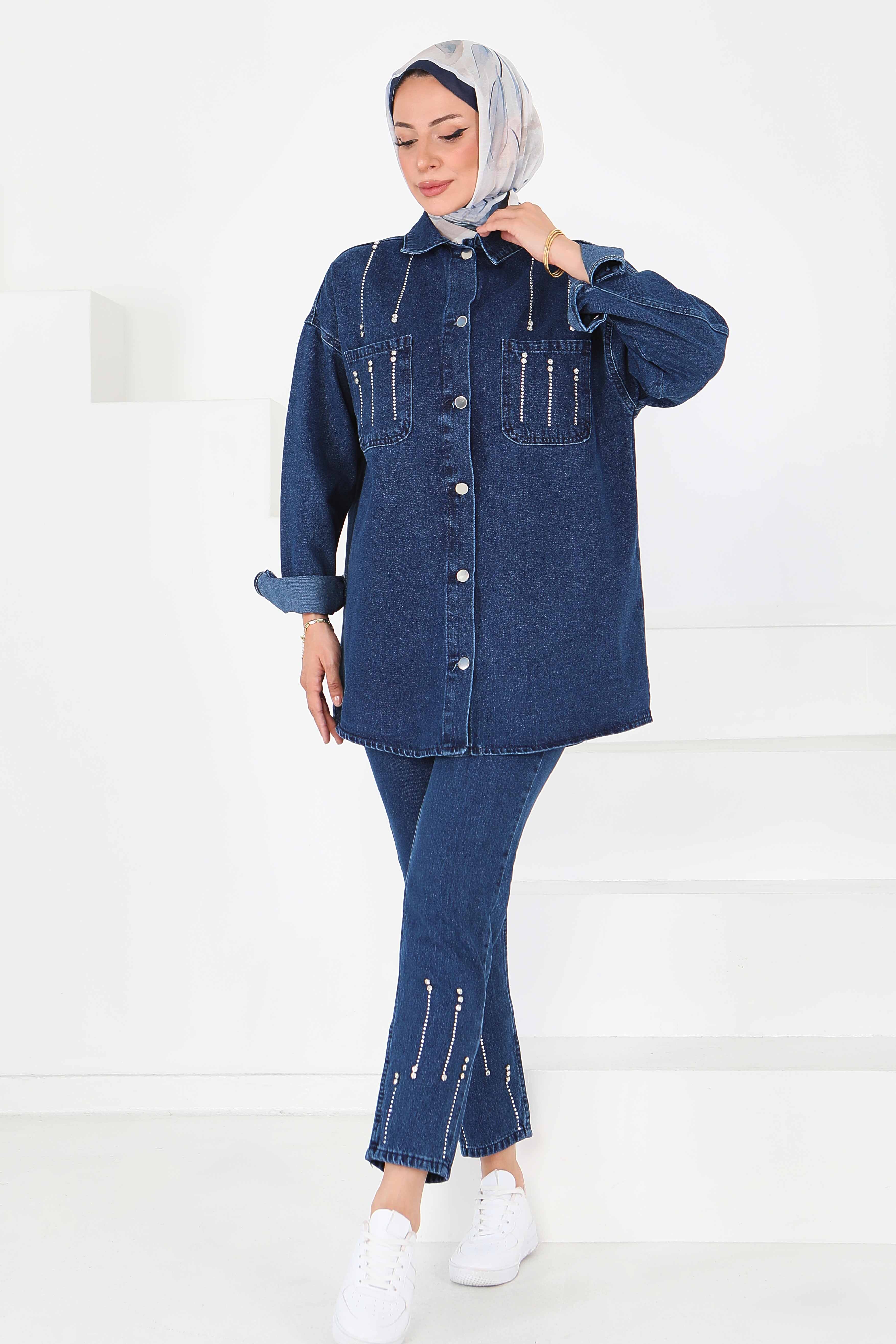 Düz Gömlek Yaka Kadın Mavi Taş Detaylı İkili Takım - 25364 - 5