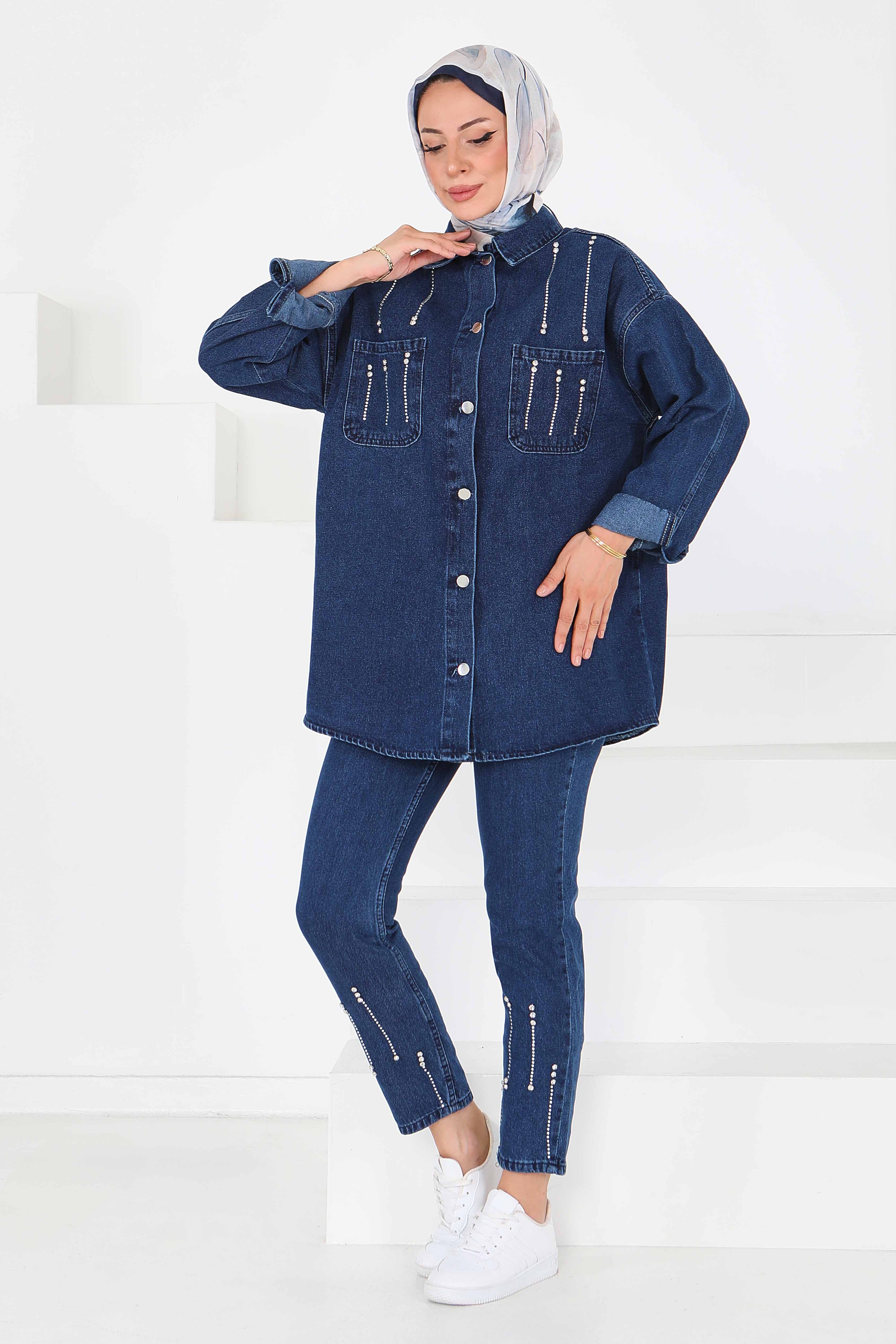 Düz Gömlek Yaka Kadın Mavi Taş Detaylı İkili Takım - 25364 - 1