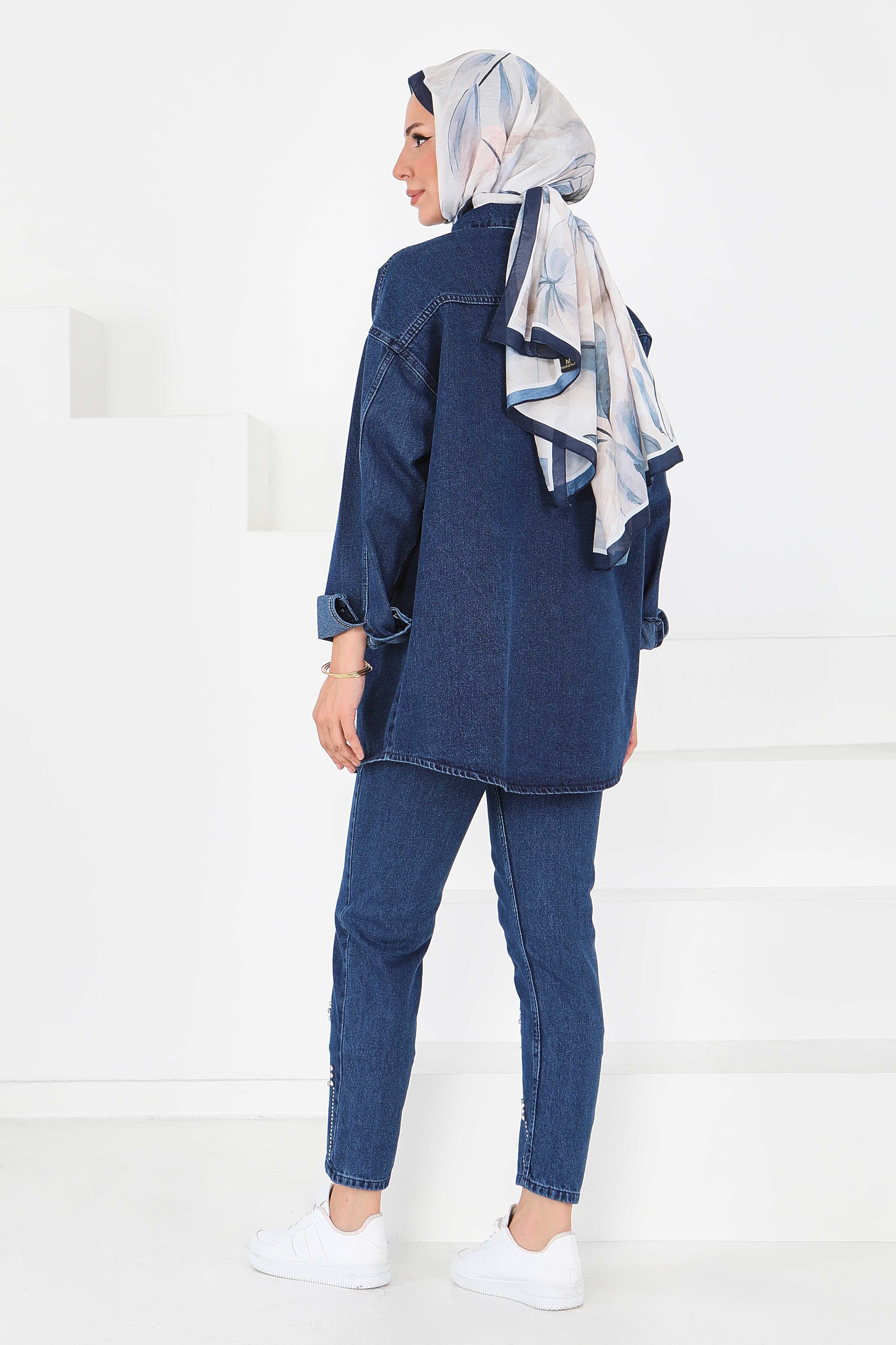 Düz Gömlek Yaka Kadın Mavi Taş Detaylı İkili Takım - 25364 - 6