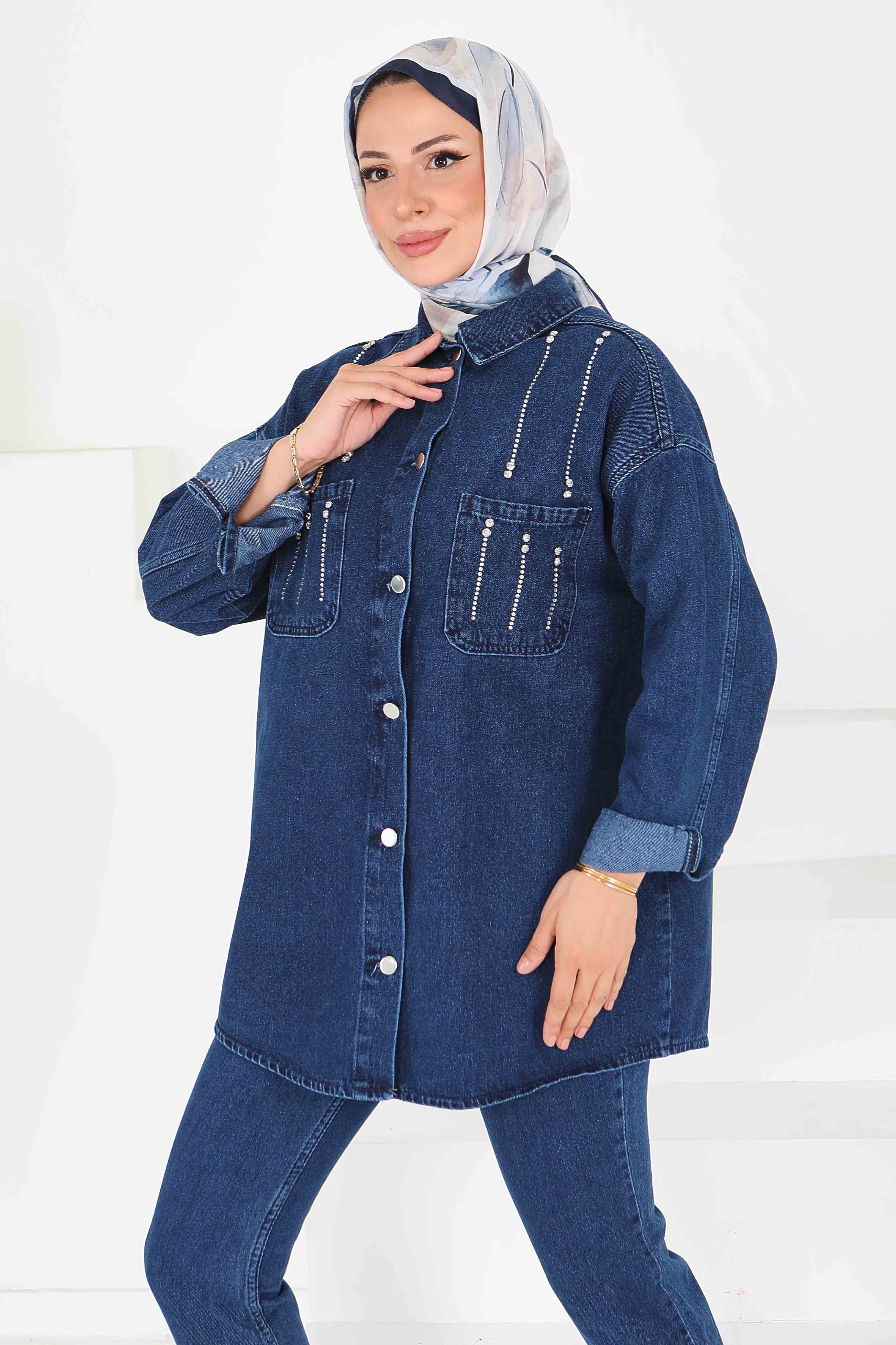 Düz Gömlek Yaka Kadın Mavi Taş Detaylı İkili Takım - 25364 - 2