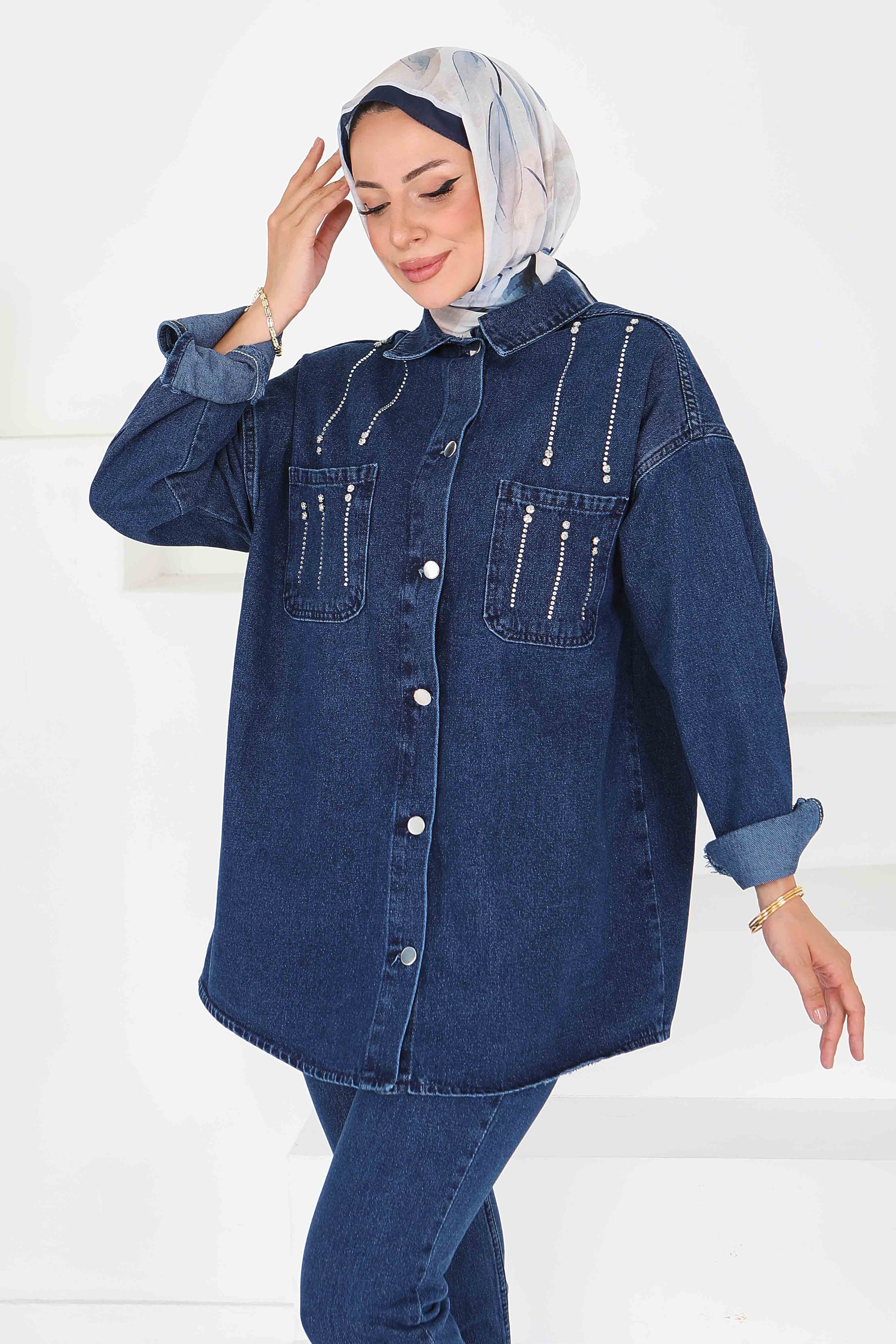 Düz Gömlek Yaka Kadın Mavi Taş Detaylı İkili Takım - 25364 - 4