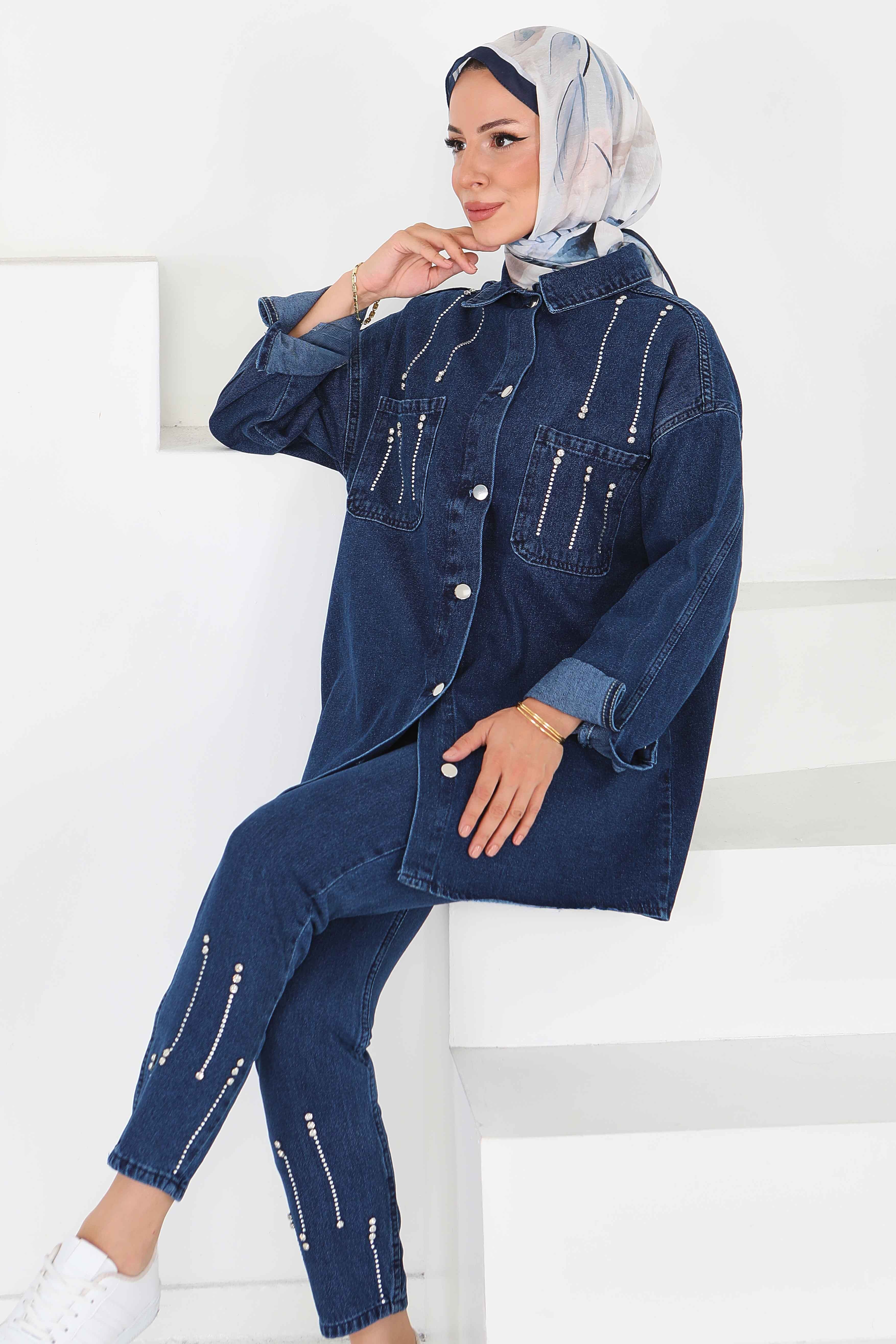 Düz Gömlek Yaka Kadın Mavi Taş Detaylı İkili Takım - 25364 - 3