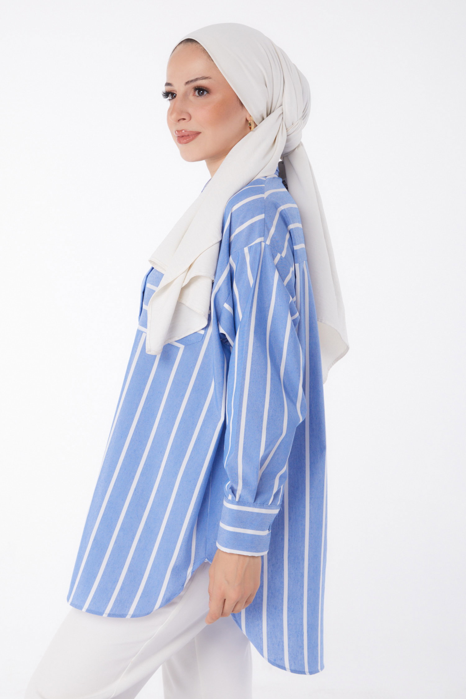 Düz Gömlek Yaka Kadın Mavi Tek Cepli Çizgili Tunik - 25996 - 3