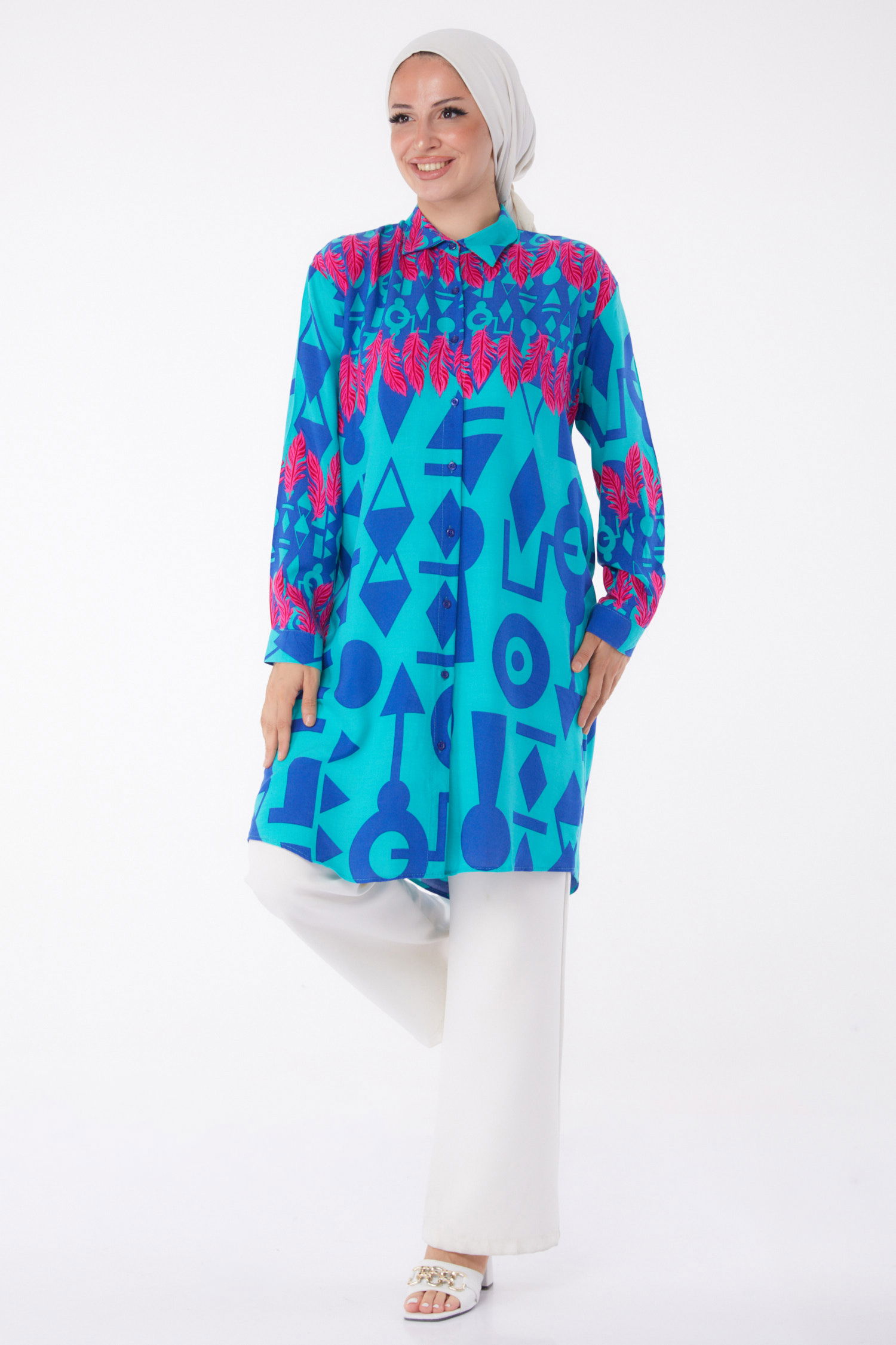 Düz Gömlek Yaka Kadın Mint Desenli Tunik - 26003 - 1