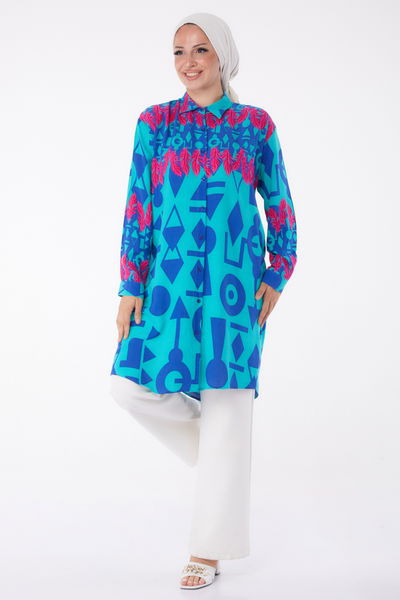 Düz Gömlek Yaka Kadın Mint Desenli Tunik - 26003 