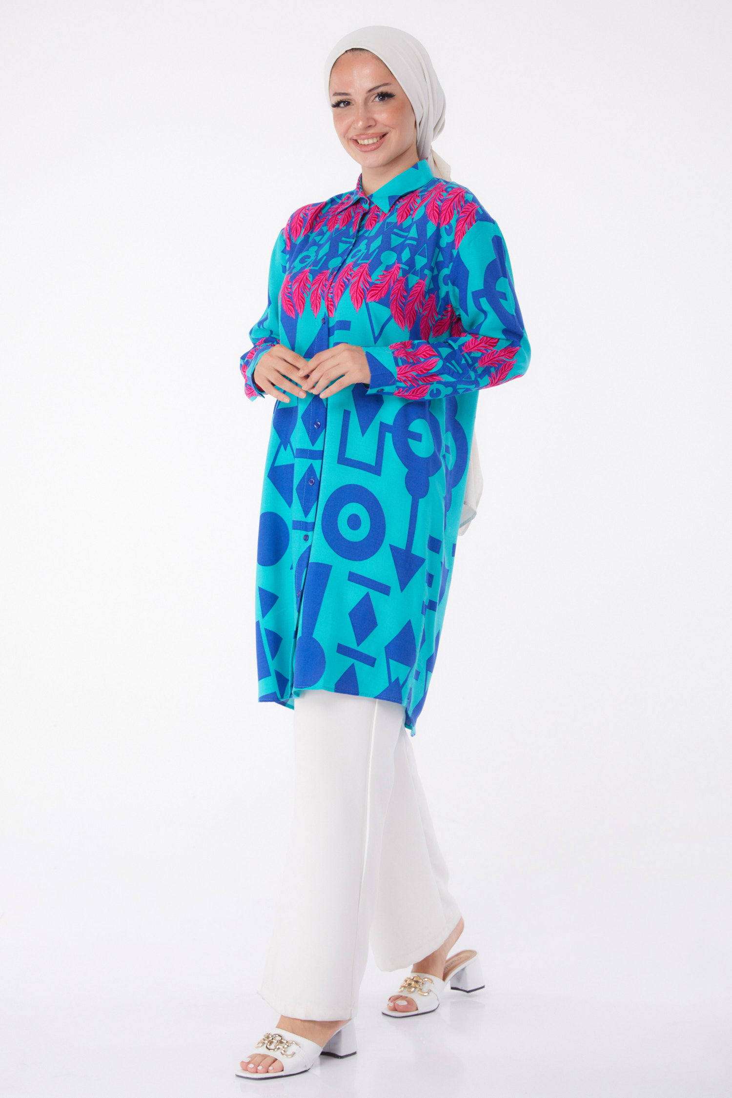 Düz Gömlek Yaka Kadın Mint Desenli Tunik - 26003 - 2