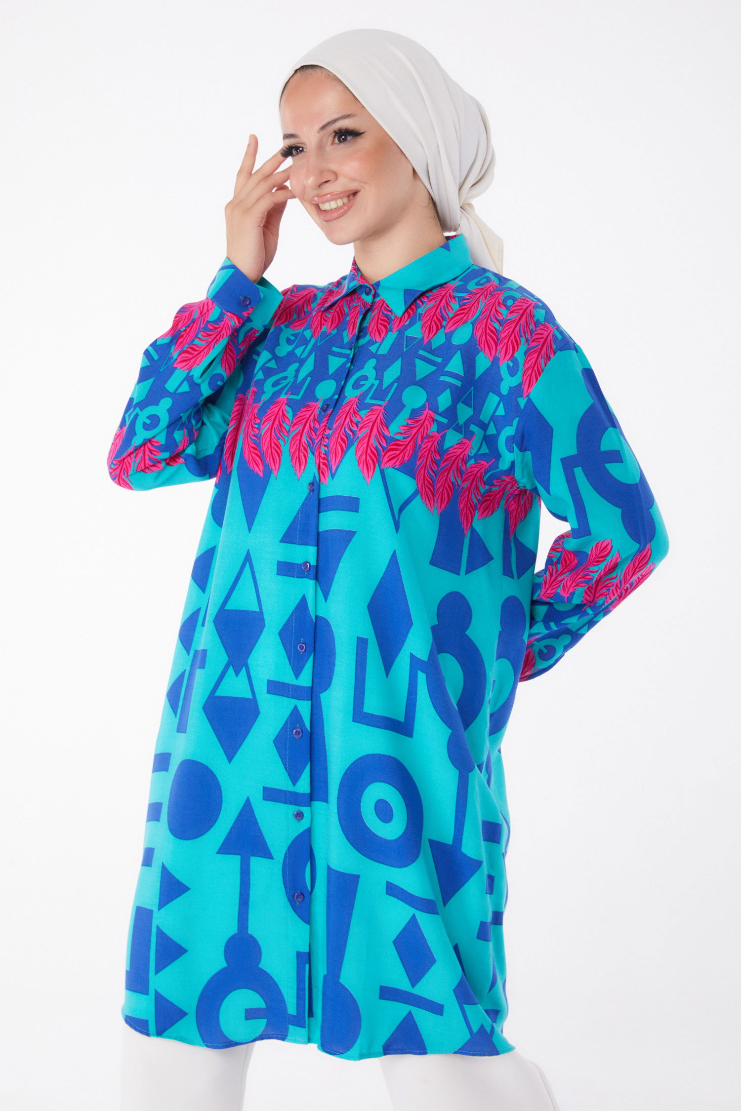 Düz Gömlek Yaka Kadın Mint Desenli Tunik - 26003 - 3