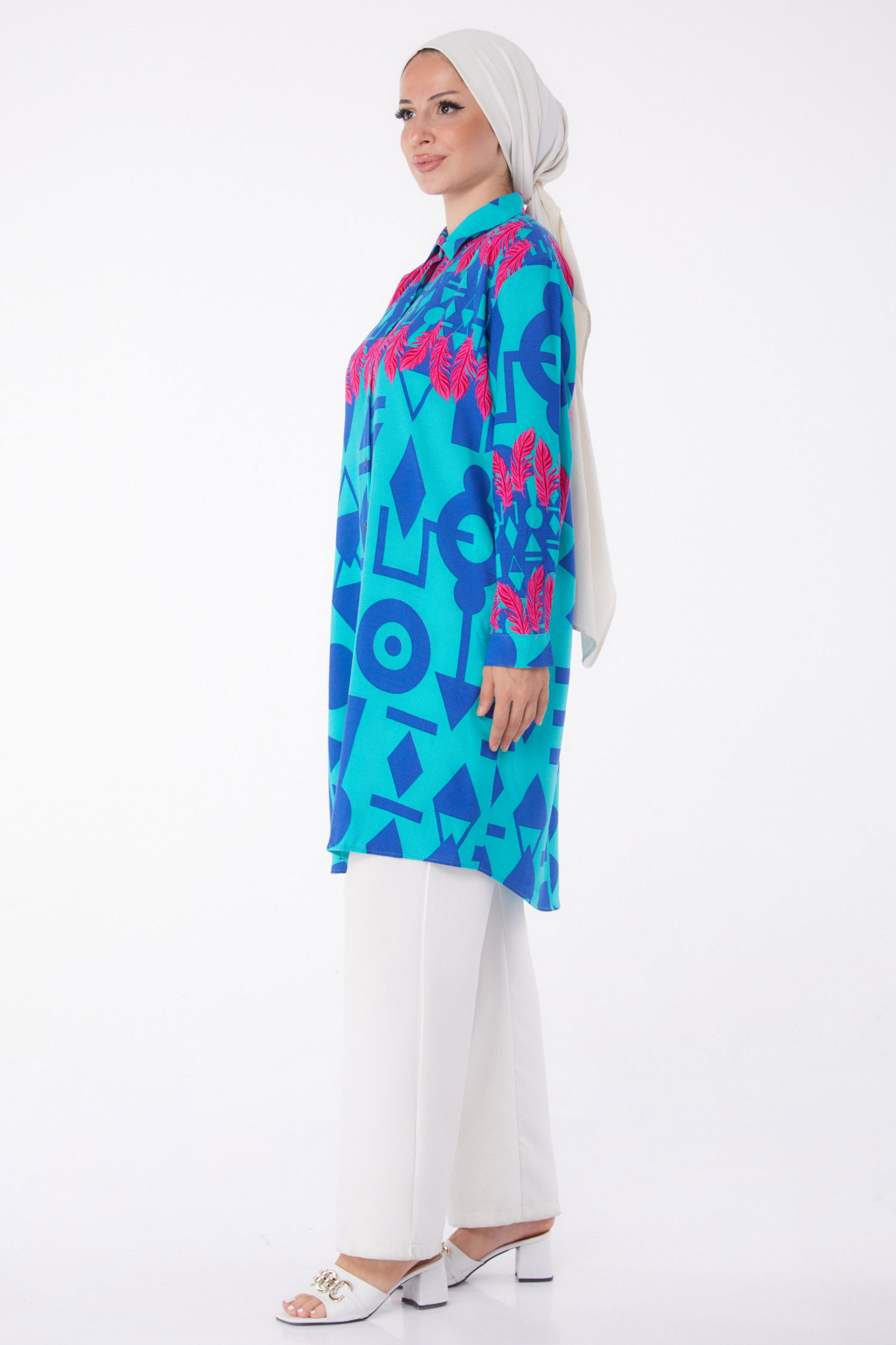 Düz Gömlek Yaka Kadın Mint Desenli Tunik - 26003 - 4