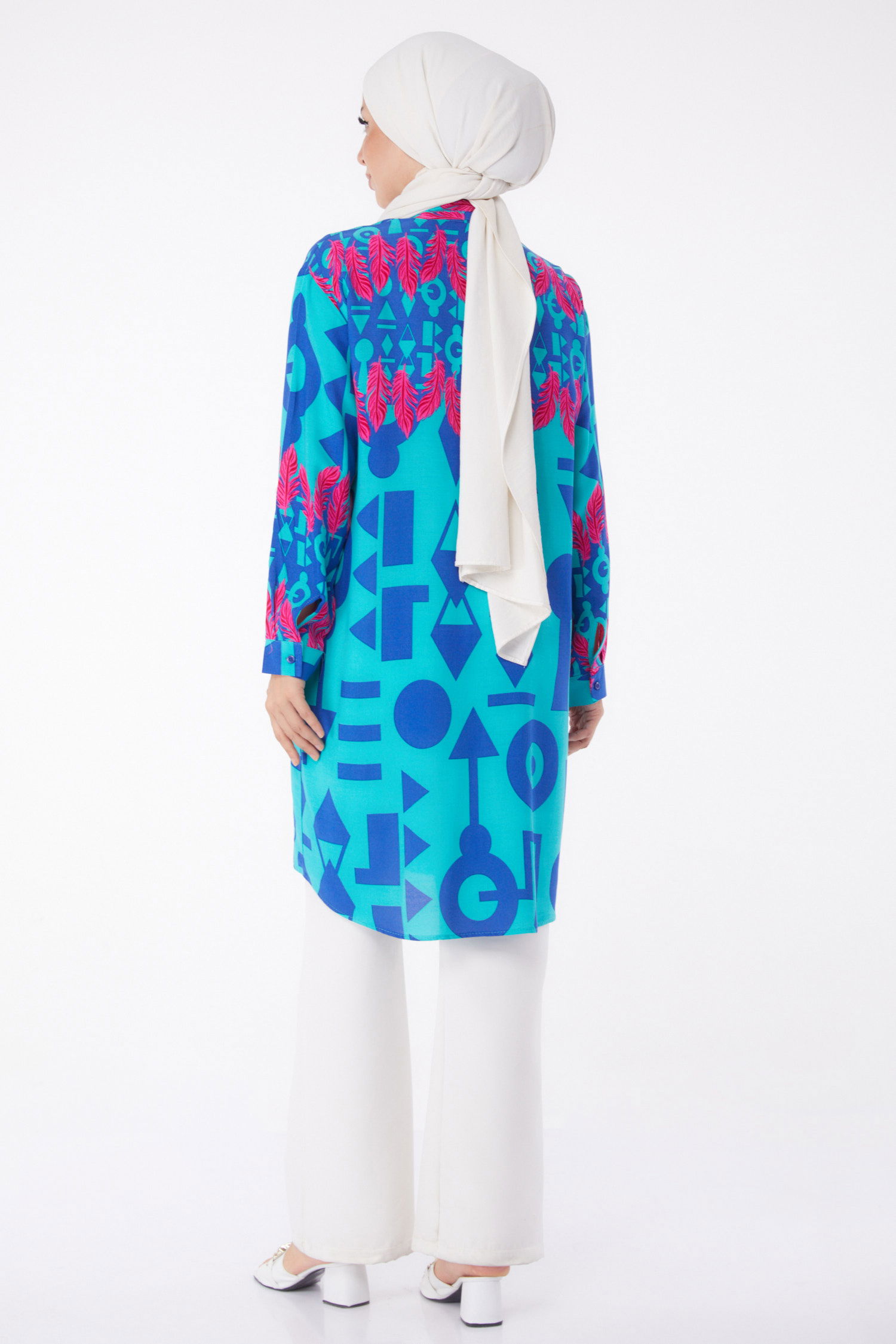 Düz Gömlek Yaka Kadın Mint Desenli Tunik - 26003 - 5