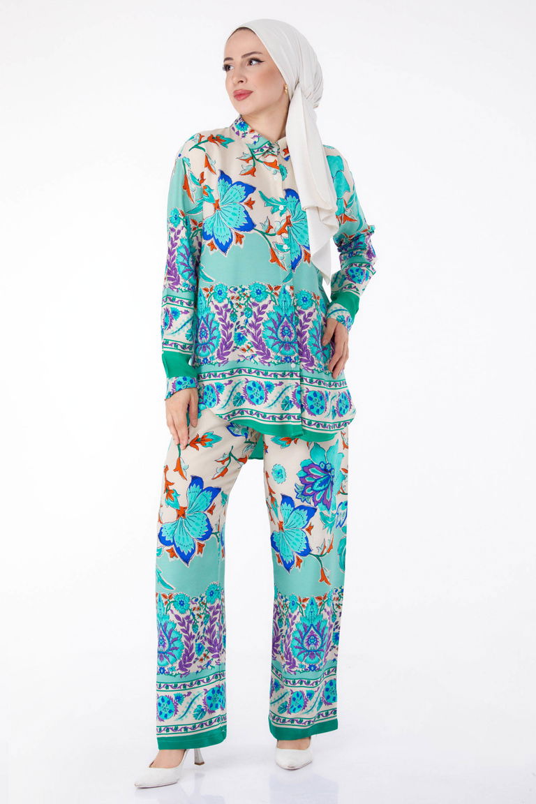 Düz Gömlek Yaka Kadın Mint Desenli Tunik Pantolon - 25604 - TOFİSA