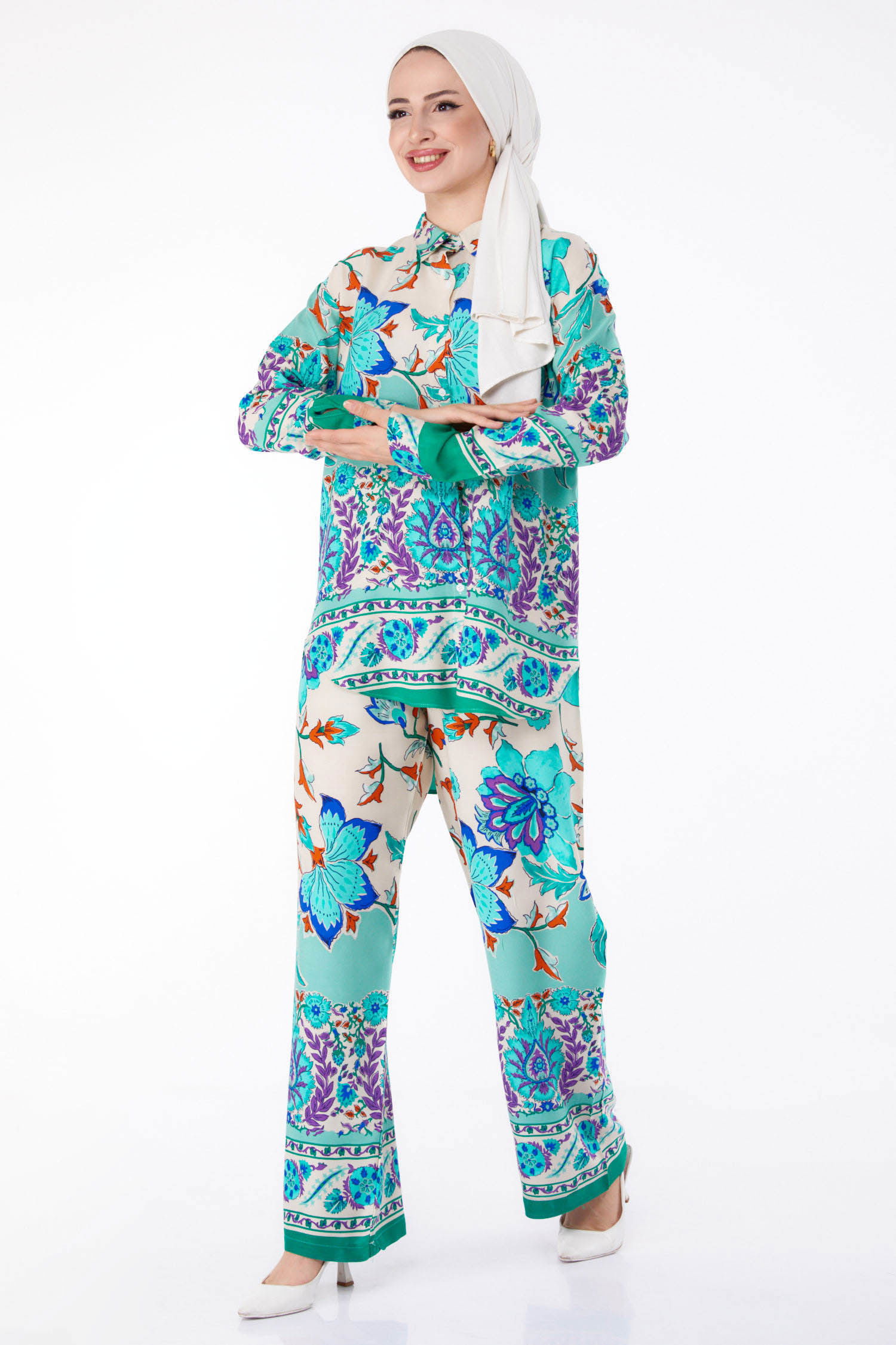 Düz Gömlek Yaka Kadın Mint Desenli Tunik Pantolon - 25604 - 2