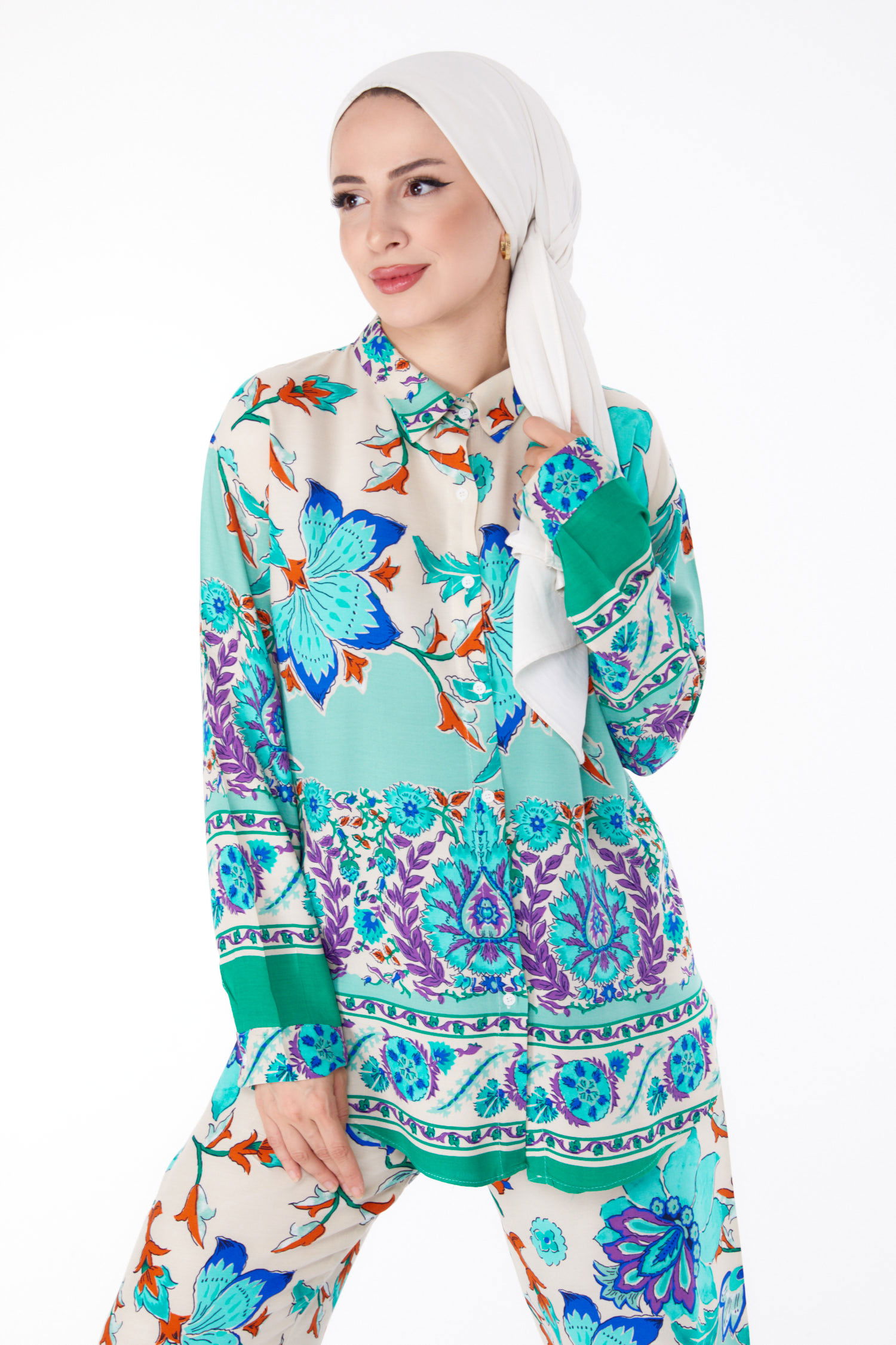 Düz Gömlek Yaka Kadın Mint Desenli Tunik Pantolon - 25604 - 3