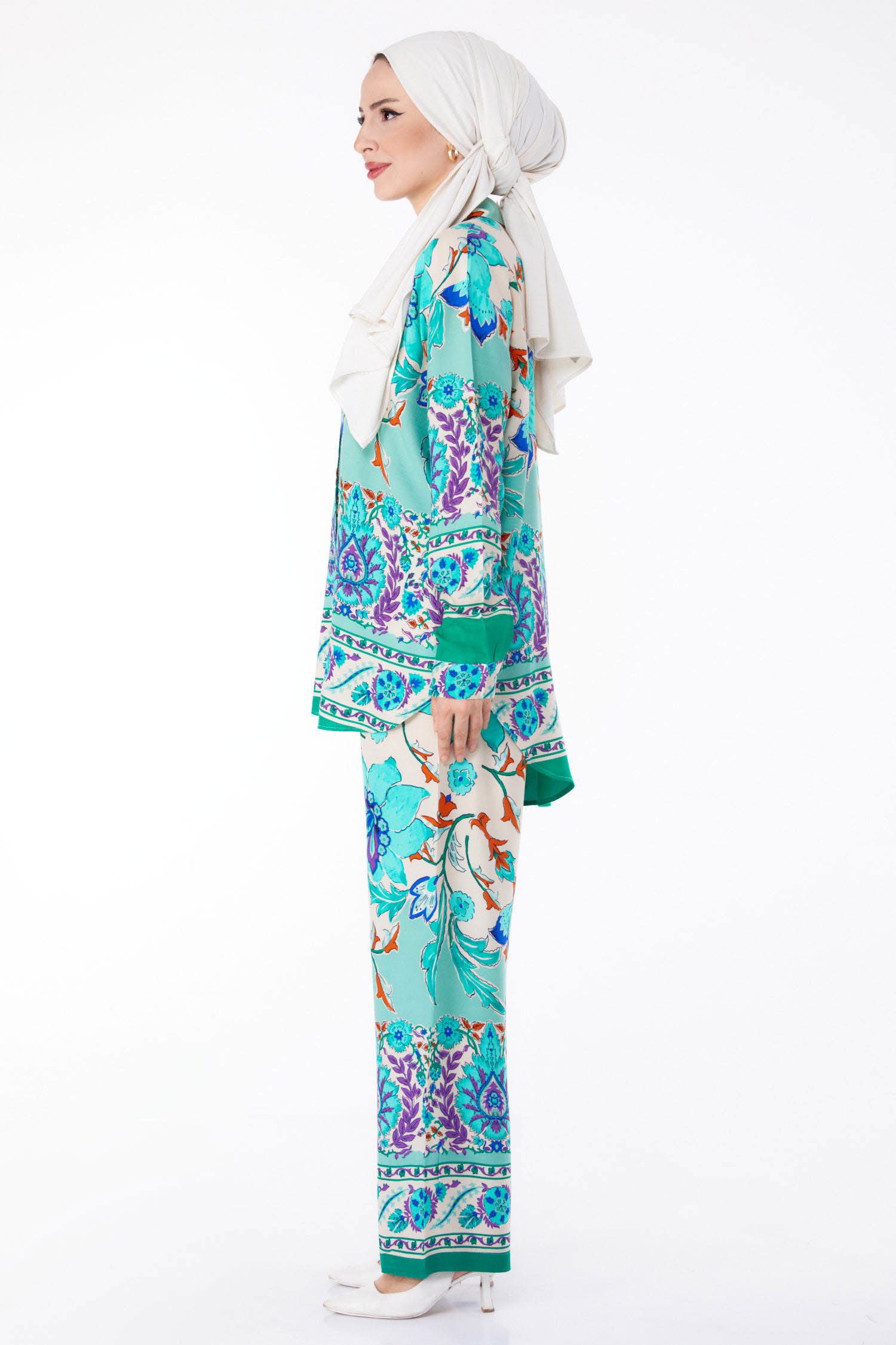 Düz Gömlek Yaka Kadın Mint Desenli Tunik Pantolon - 25604 - 4
