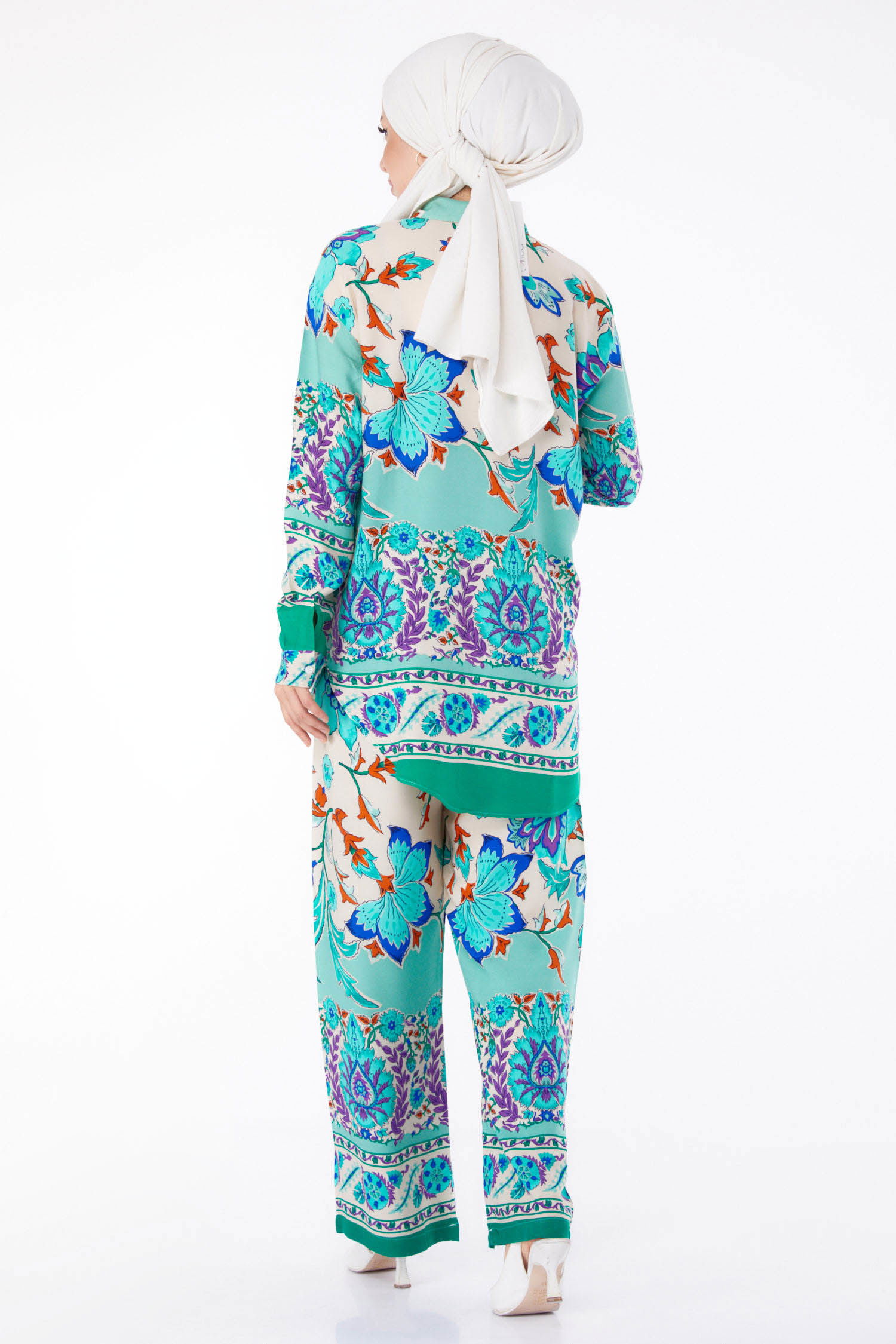 Düz Gömlek Yaka Kadın Mint Desenli Tunik Pantolon - 25604 - 5
