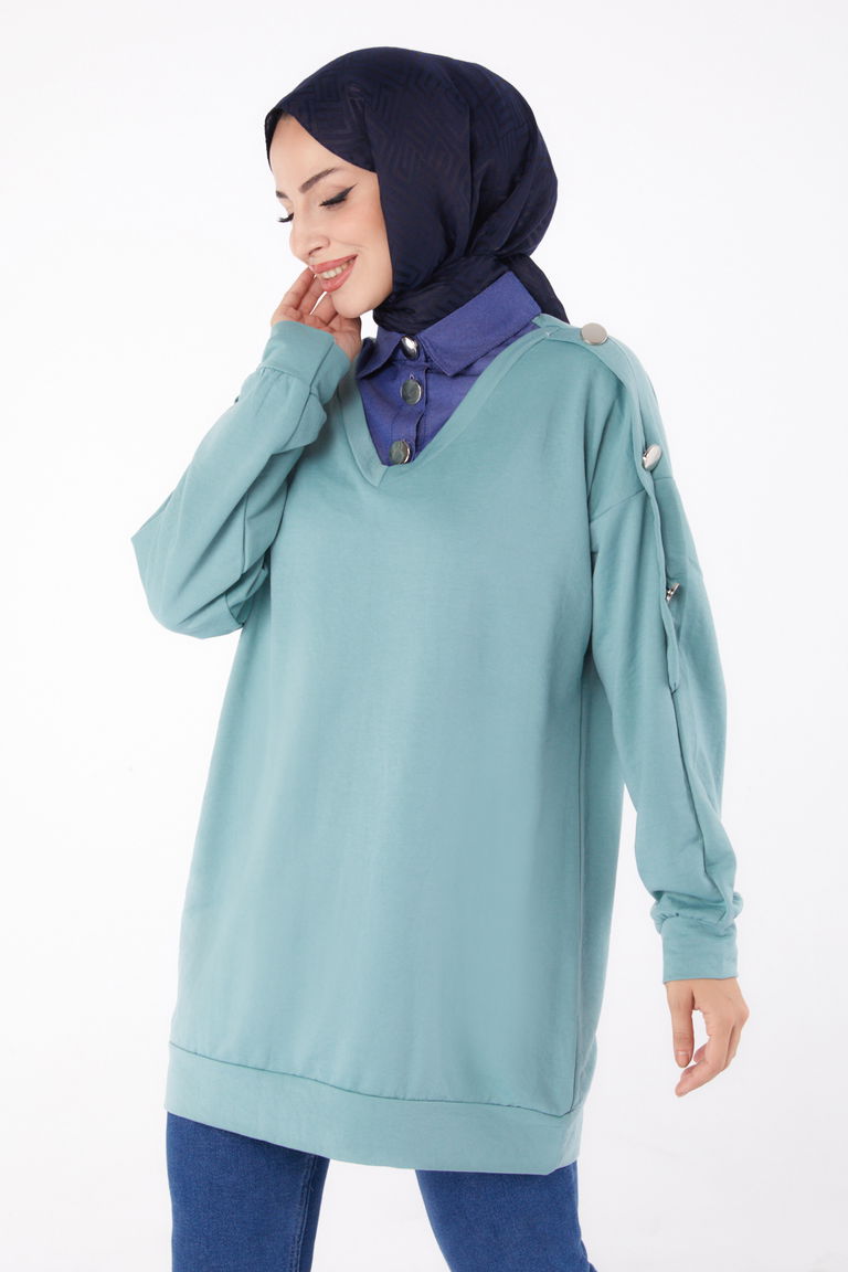 Kot Detaylı Sweatshirt Mint - 13298 - TOFİSA