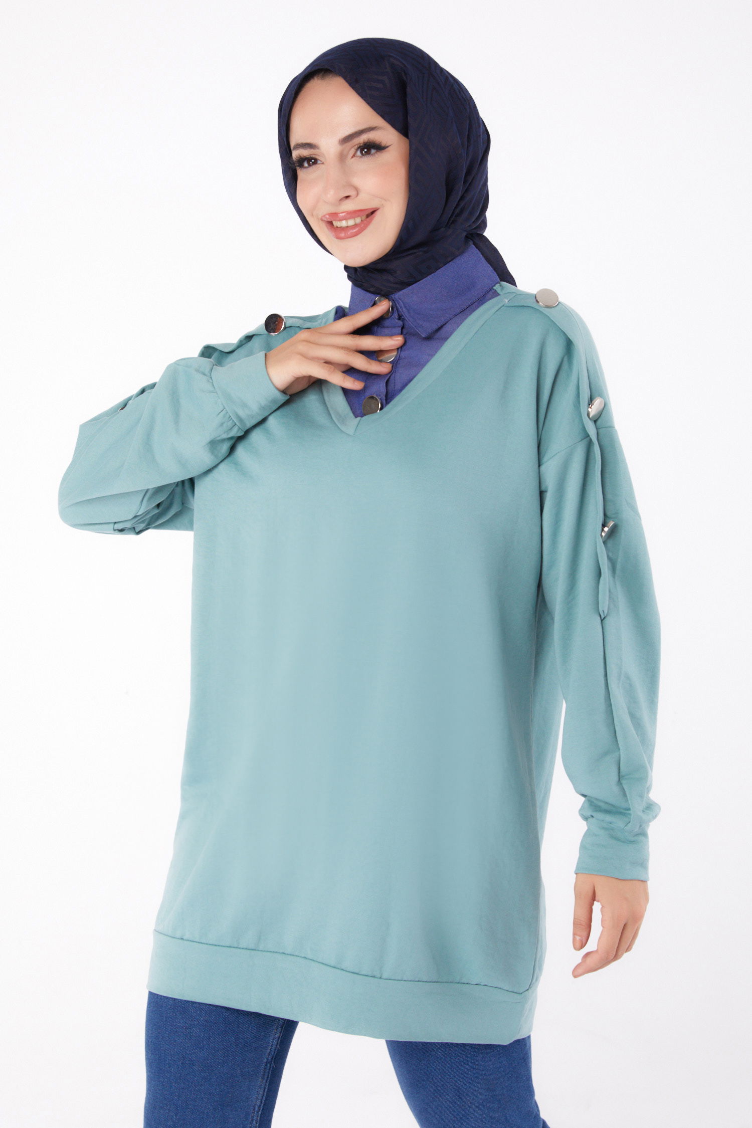 Kot Detaylı Sweatshirt Mint - 13298 - 2