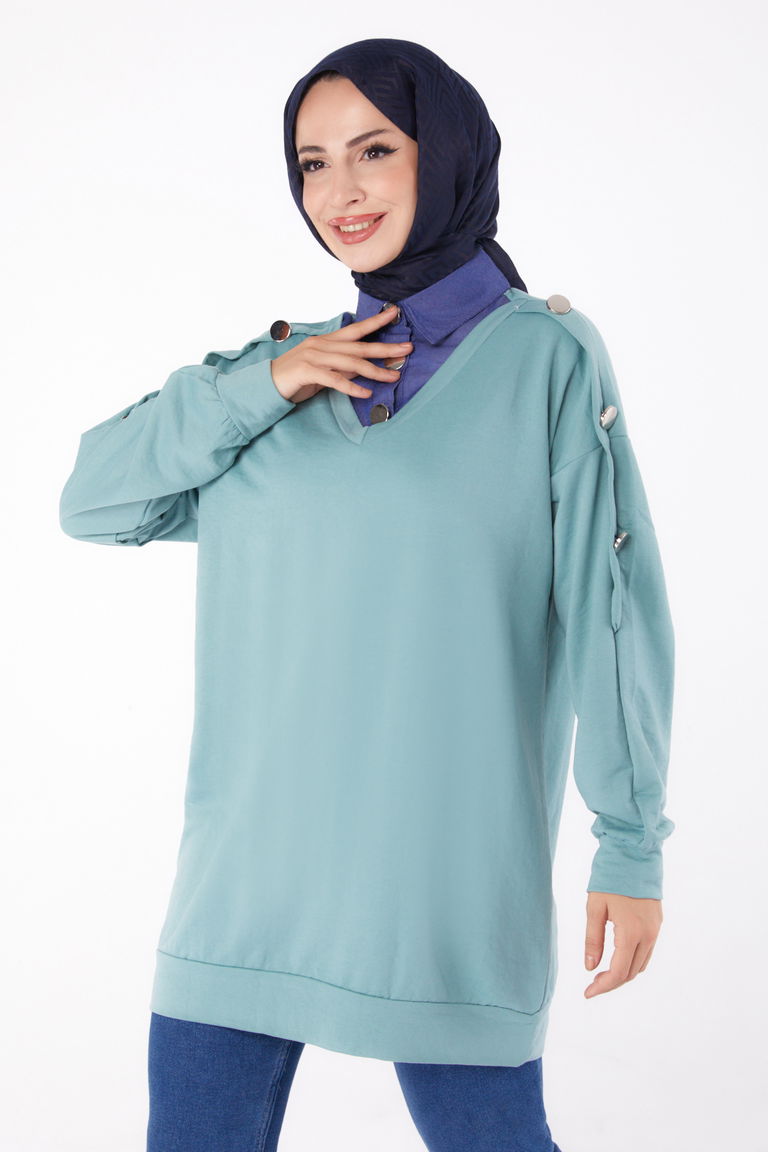 Kot Detaylı Sweatshirt Mint - 13298 - TOFİSA