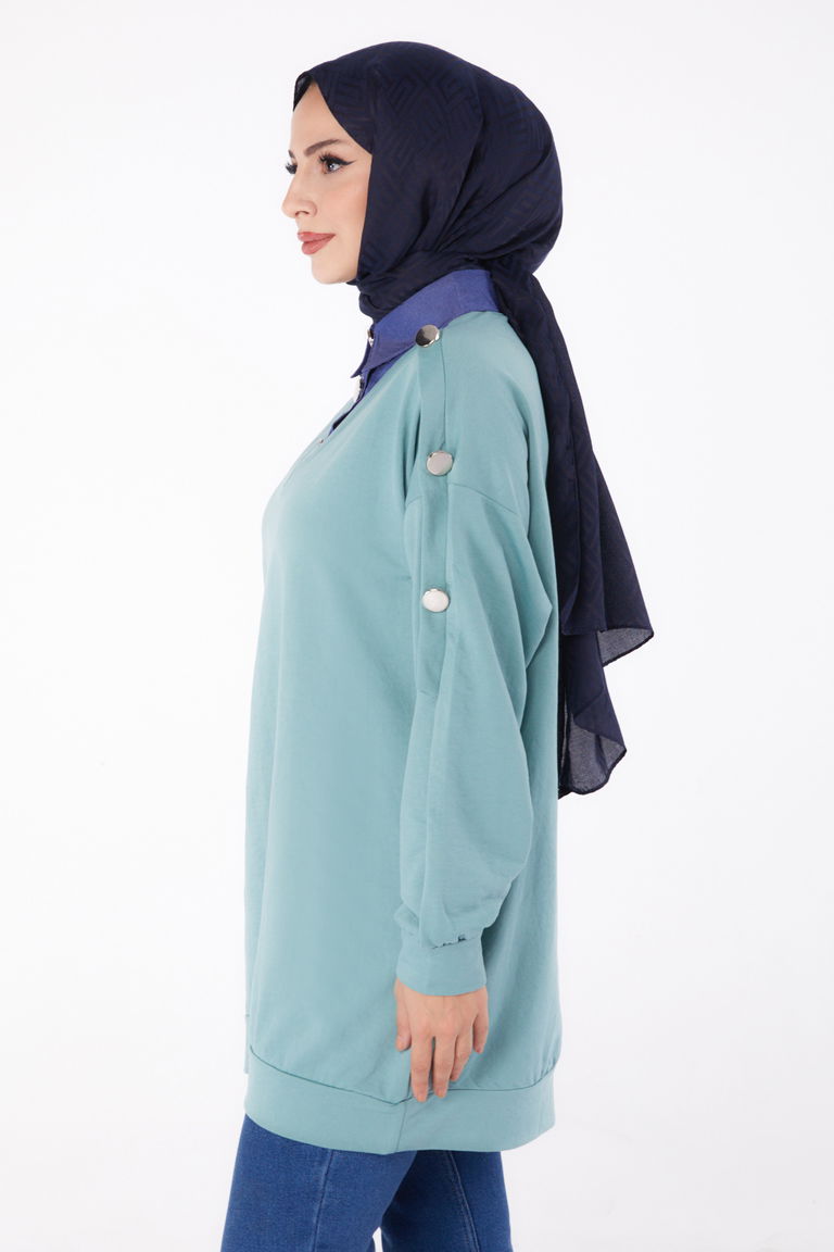 Kot Detaylı Sweatshirt Mint - 13298 - TOFİSA