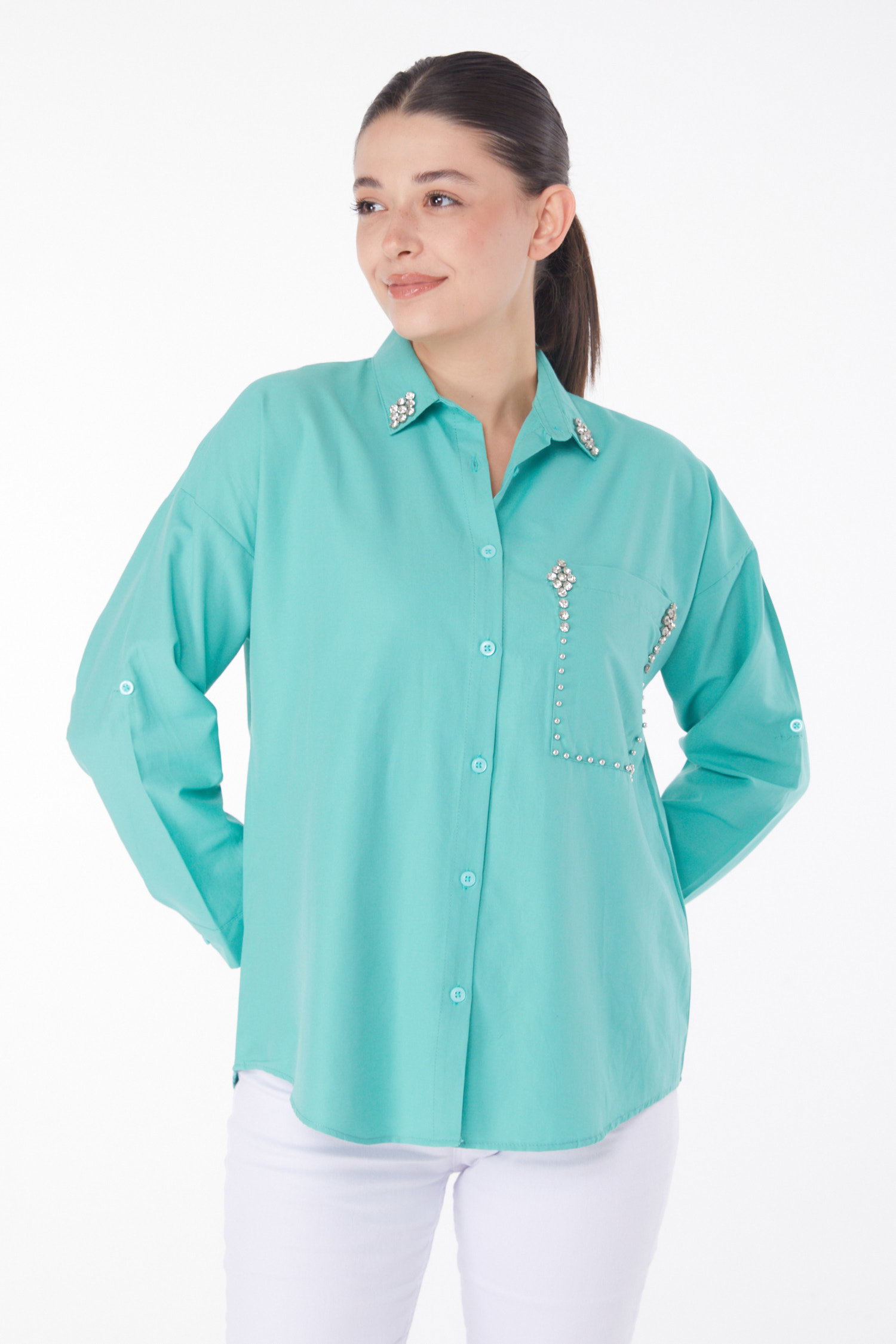 Taşlı Gömlek Mint - 25909 - 3