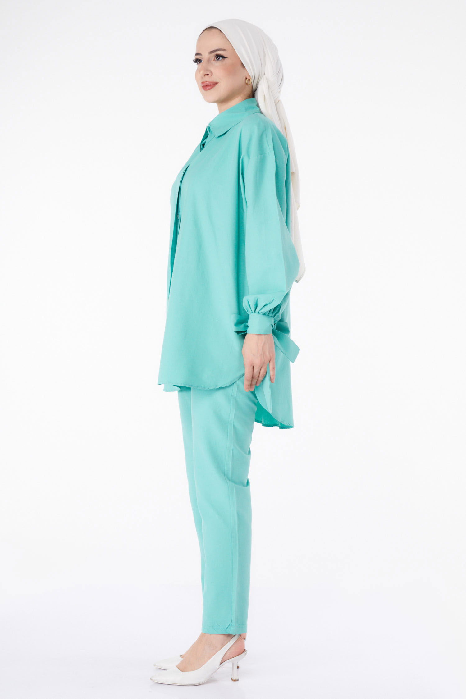 Düz Gömlek Yaka Kadın Mint Tunik Pantolon İkili Takım - 13182 - 4