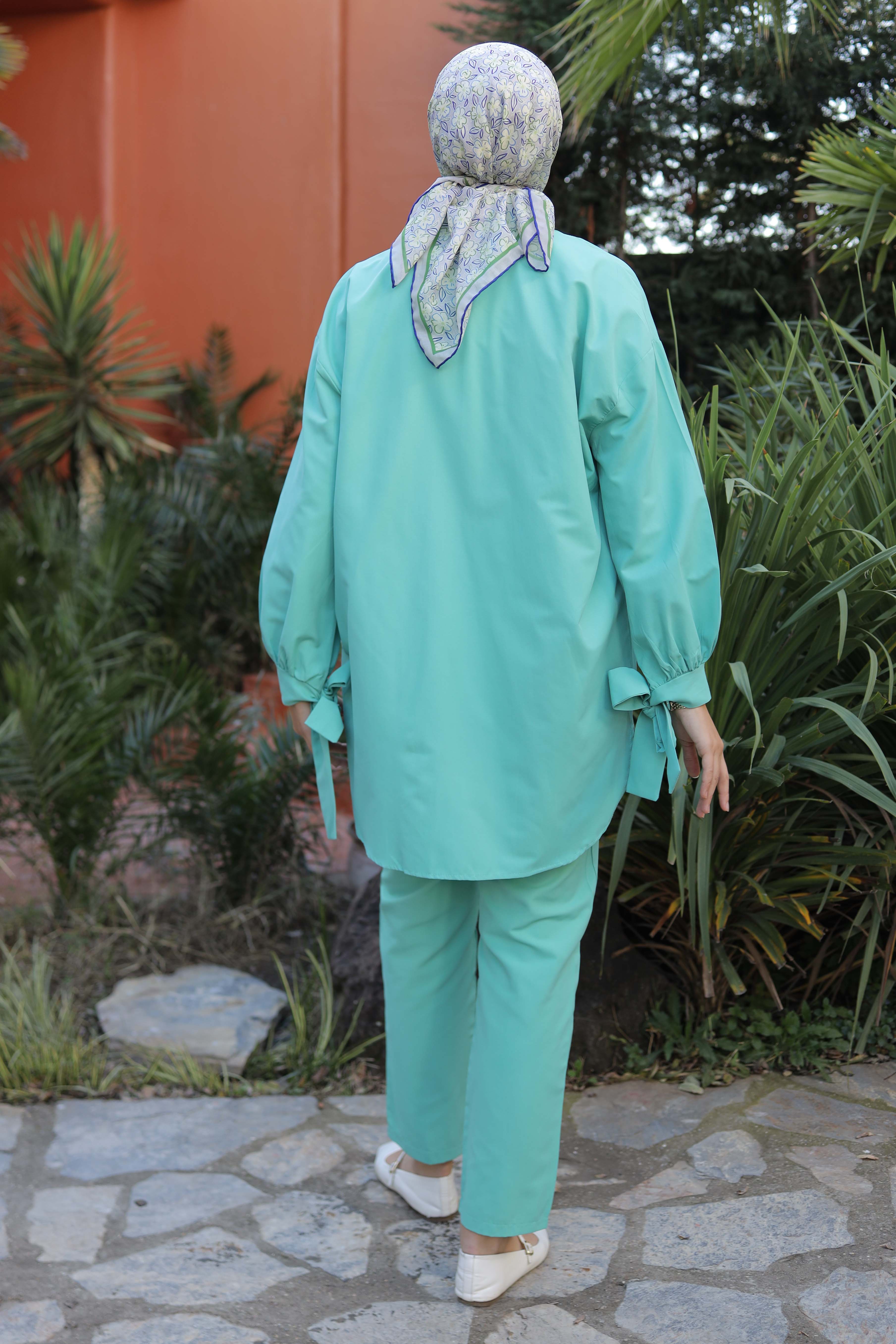 Düz Gömlek Yaka Kadın Mint Tunik Pantolon İkili Takım - 13182 - 5