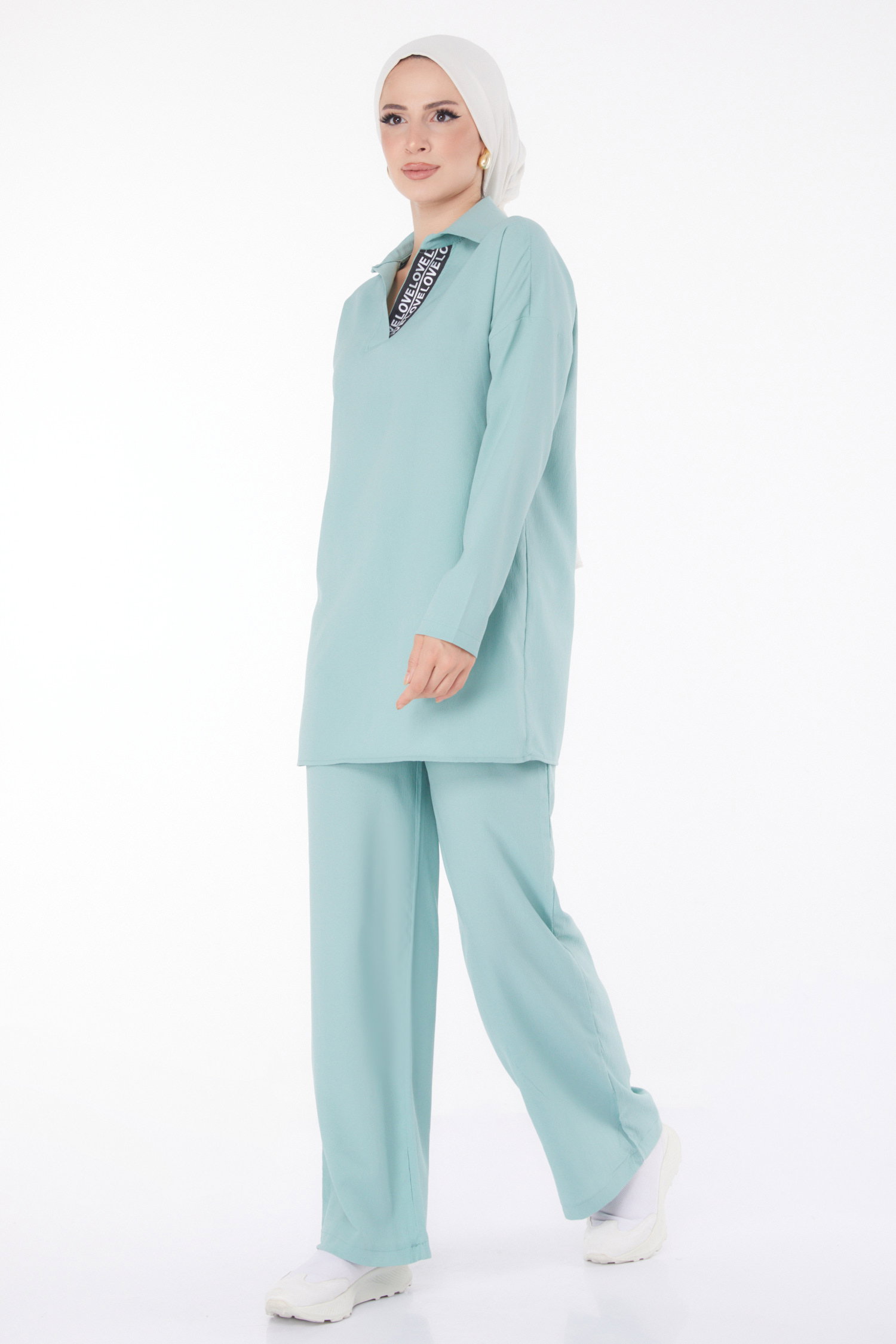 Düz Gömlek Yaka Kadın Mint Tunik Pantolon İkili Takım - 13201 - 1