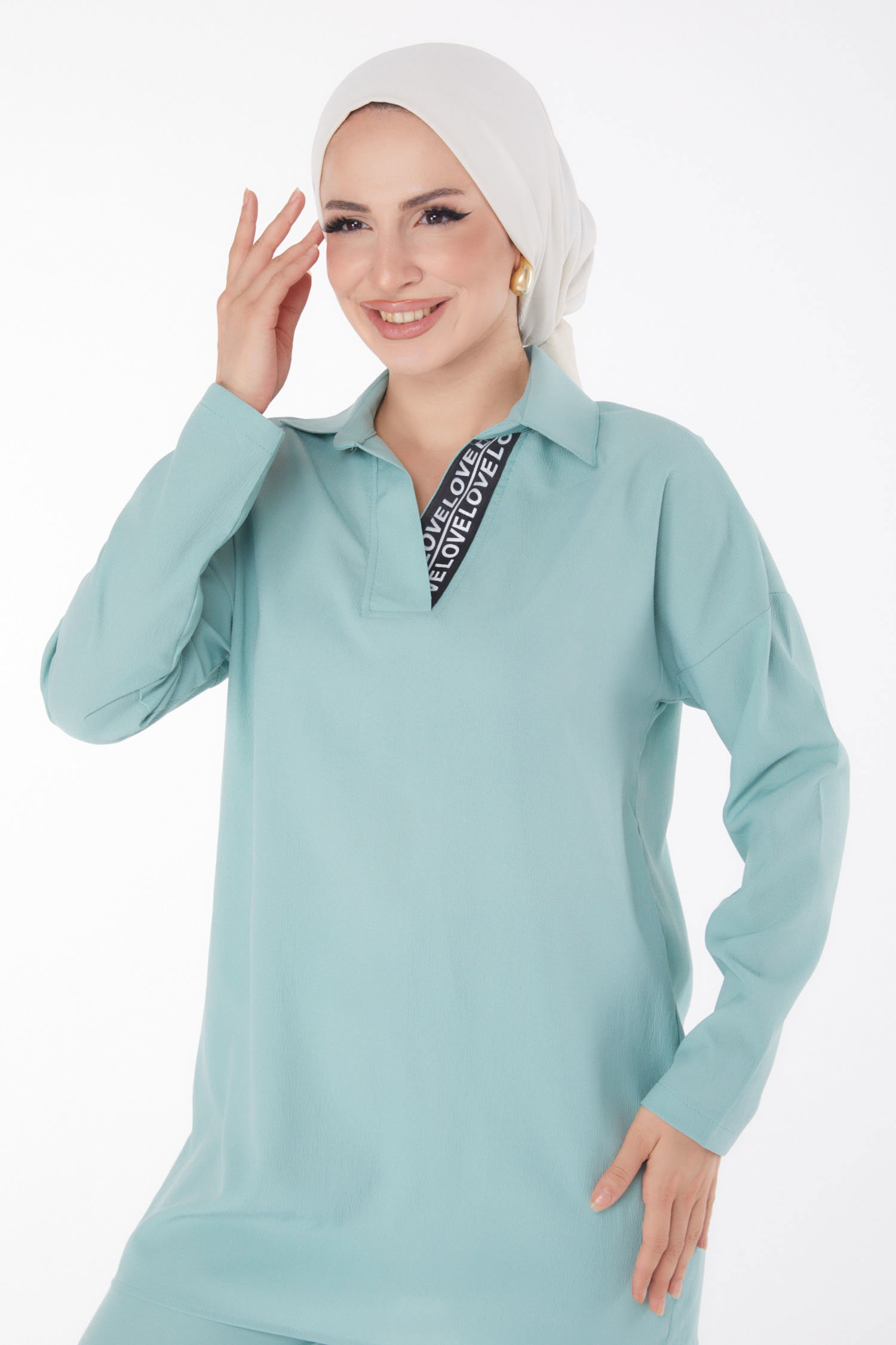 Düz Gömlek Yaka Kadın Mint Tunik Pantolon İkili Takım - 13201 - 3