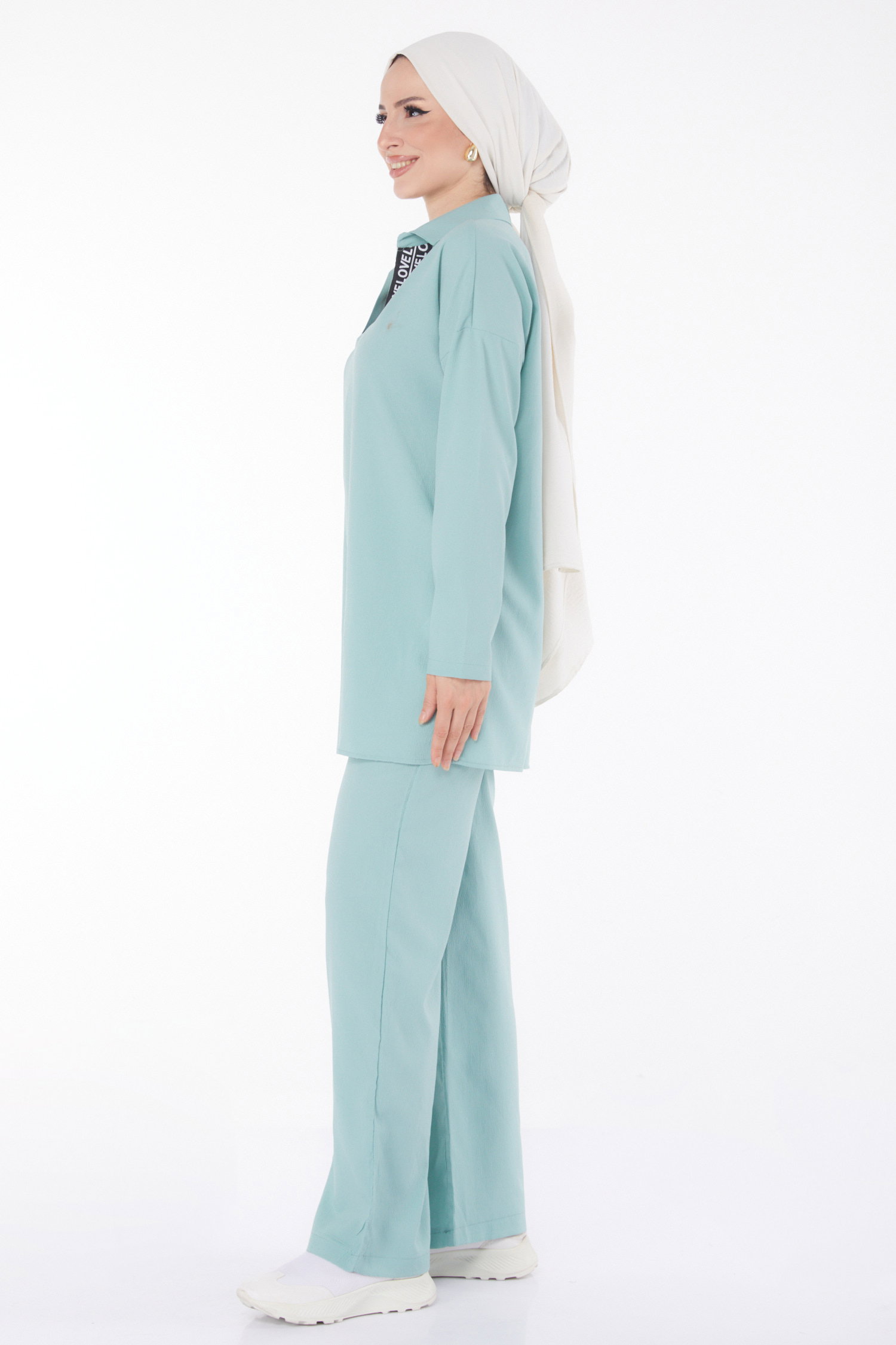 Düz Gömlek Yaka Kadın Mint Tunik Pantolon İkili Takım - 13201 - 4