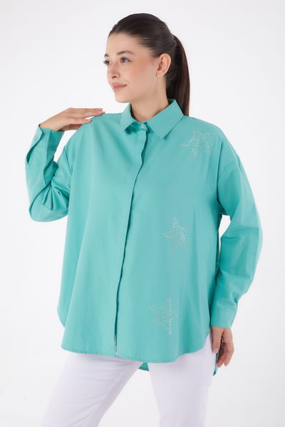 Düz Gömlek Yaka Kadın Mint Yıldız Taşlı Gömlek - 13255 