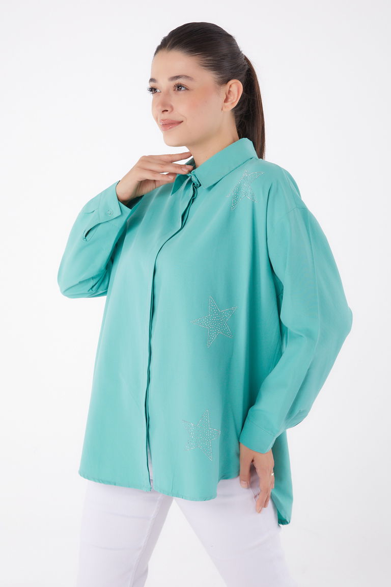 Düz Gömlek Yaka Kadın Mint Yıldız Taşlı Gömlek - 13255 - TOFİSA