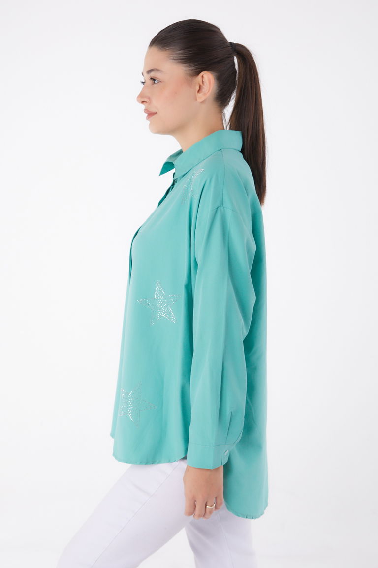 Düz Gömlek Yaka Kadın Mint Yıldız Taşlı Gömlek - 13255 - TOFİSA