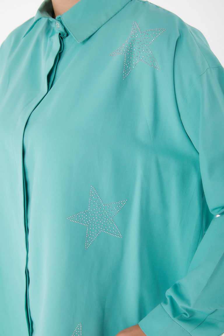 Düz Gömlek Yaka Kadın Mint Yıldız Taşlı Gömlek - 13255 - TOFİSA
