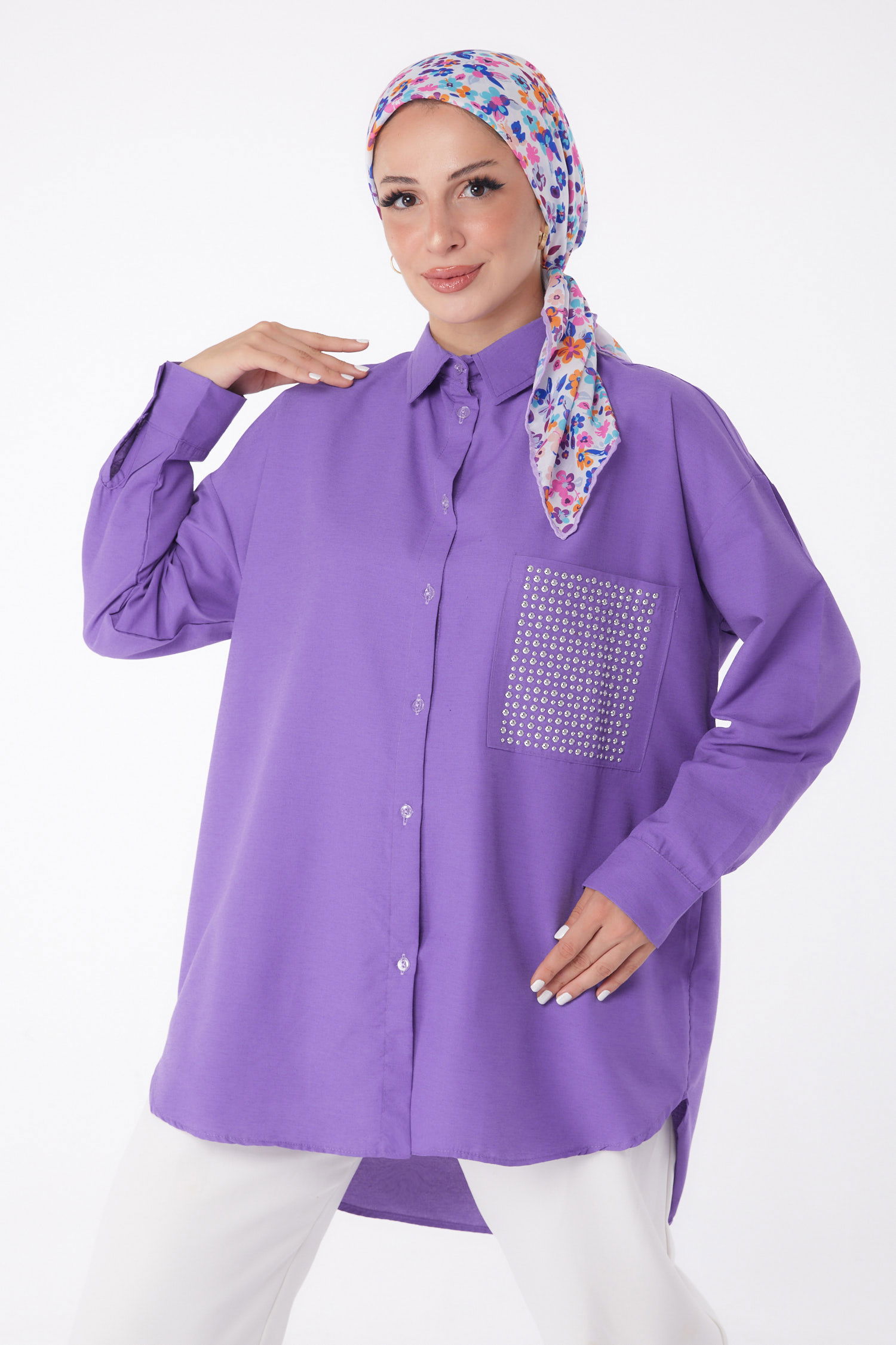 Düz Gömlek Yaka Kadın Mor Cep Taş Detaylı Tunik - 13168 - 1