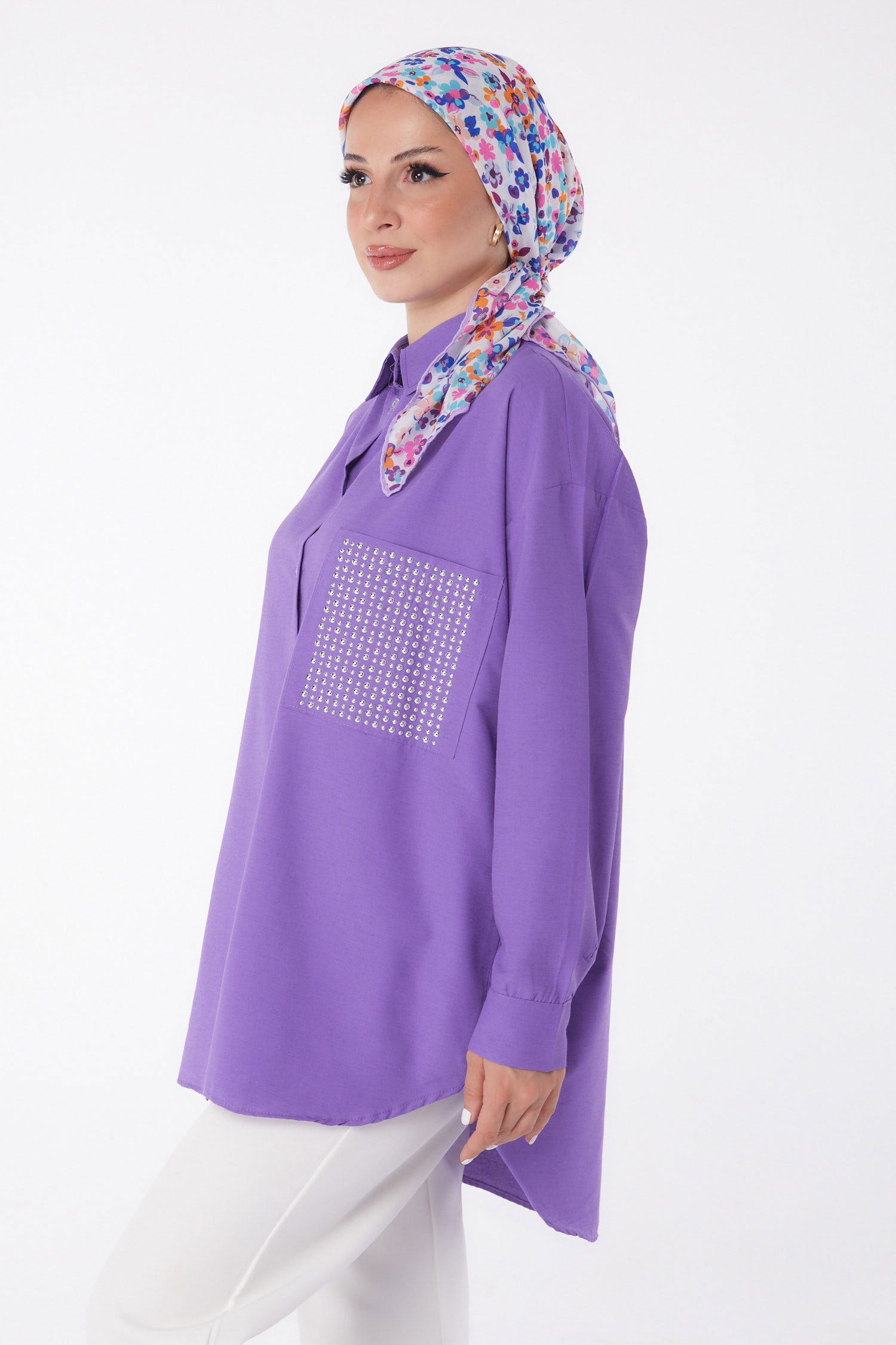 Düz Gömlek Yaka Kadın Mor Cep Taş Detaylı Tunik - 13168 - 3