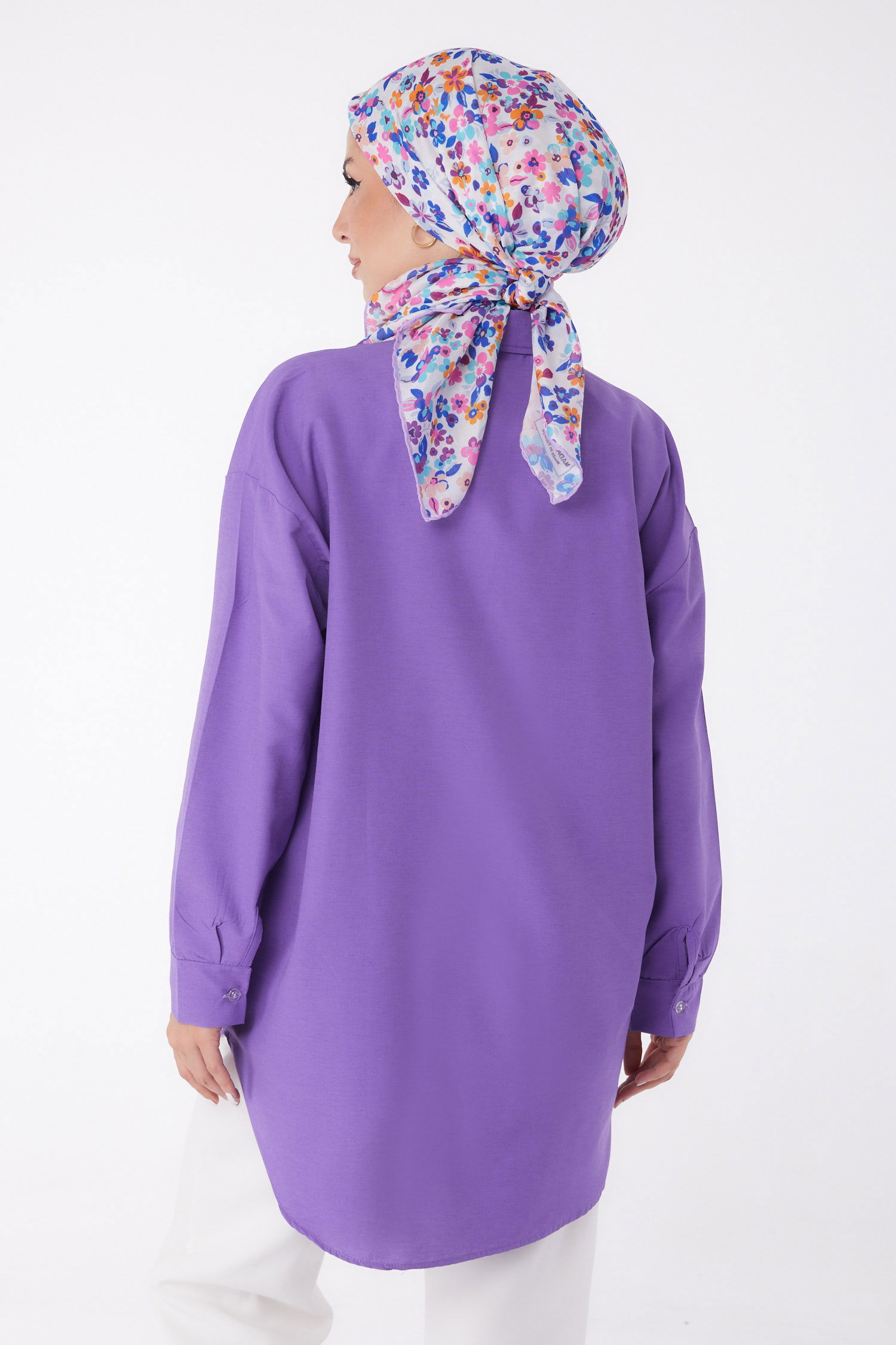 Düz Gömlek Yaka Kadın Mor Cep Taş Detaylı Tunik - 13168 - 4