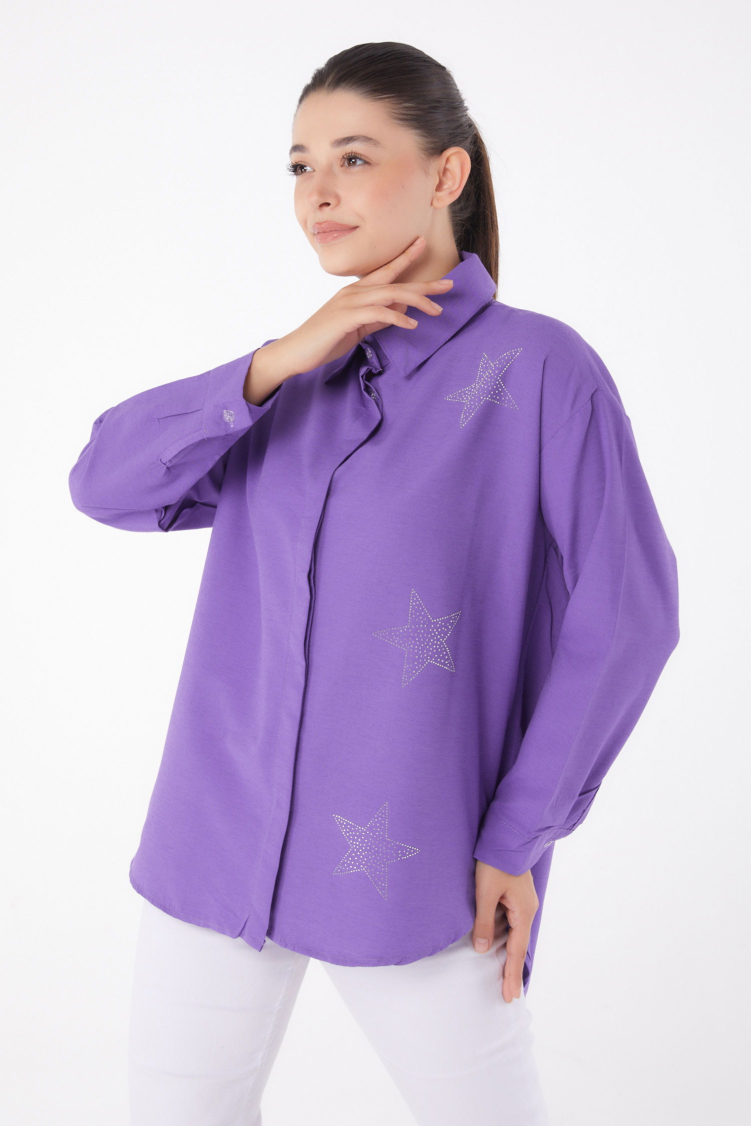 Yıldız Taşlı Gömlek Mor - 13255 - 2