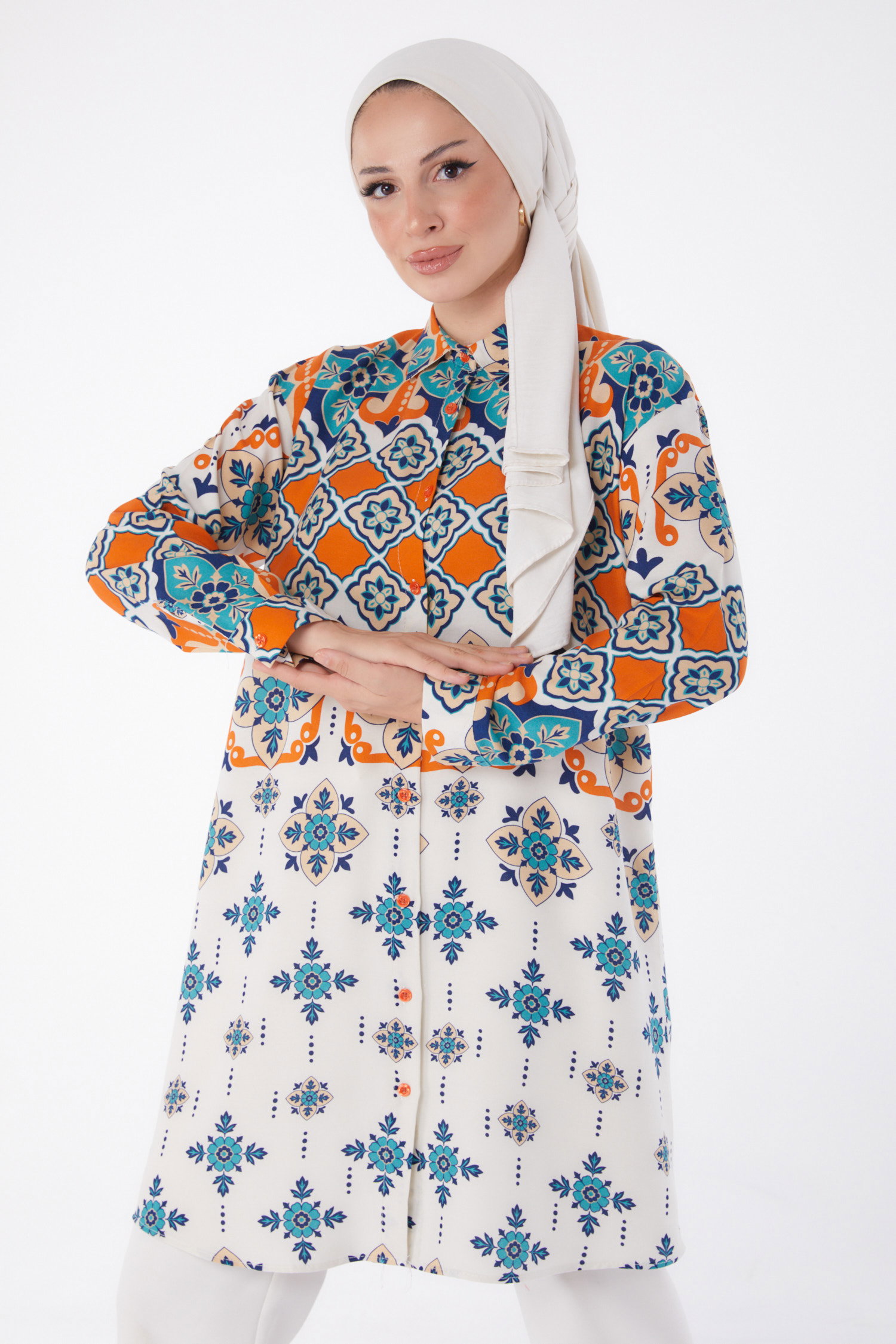 Düz Gömlek Yaka Kadın Oranj Desenli Tunik - 26004 - 3