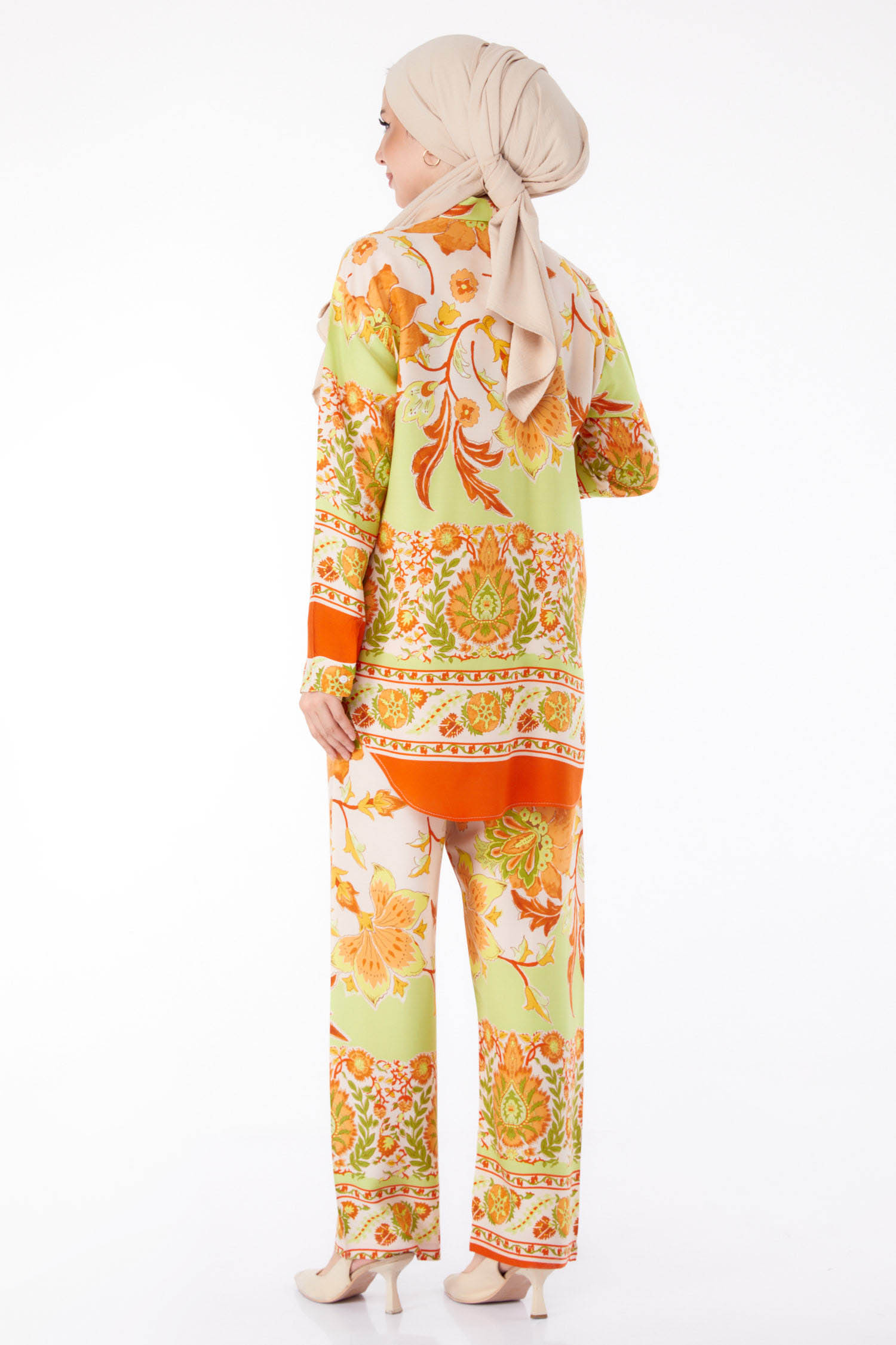 Düz Gömlek Yaka Kadın Oranj Desenli Tunik Pantolon - 25604 - 5