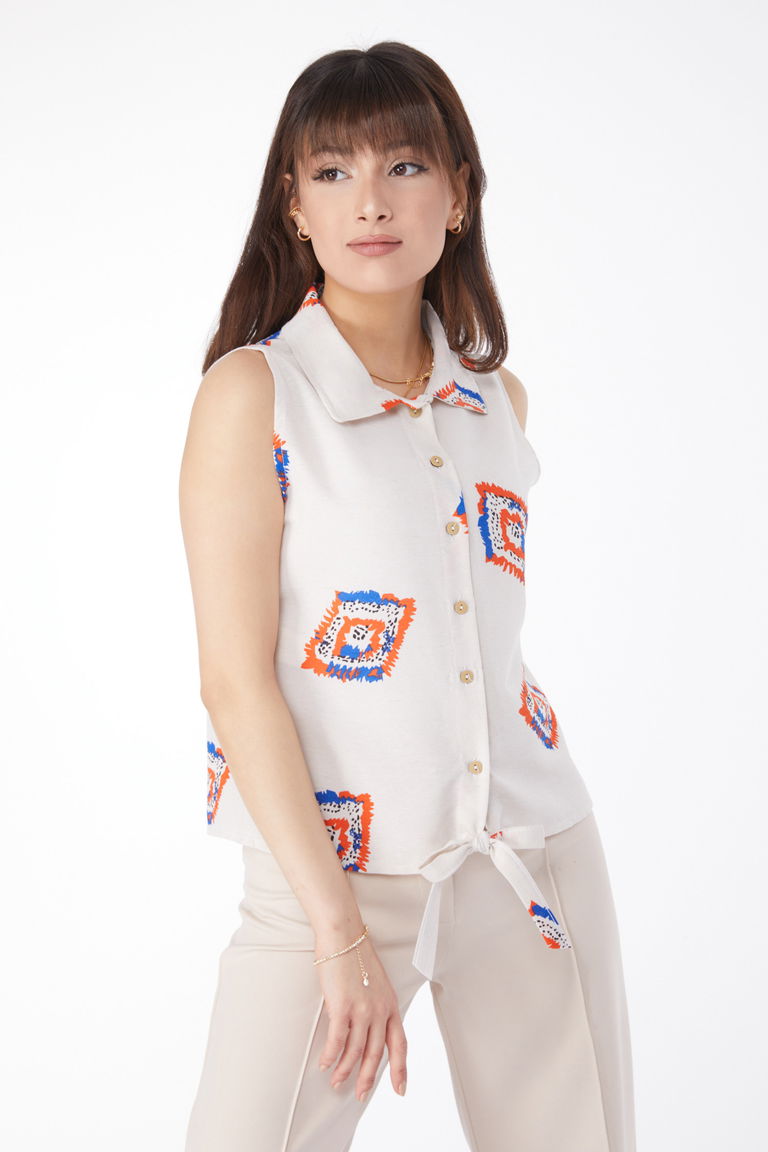 Etek Ucu Bağlamalı Desenli Gömlek Oranj - 13150 - TOFİSA