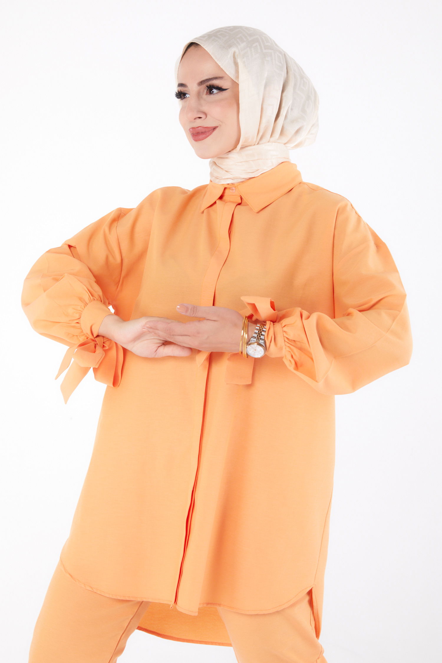 Düz Gömlek Yaka Kadın Oranj Tunik Pantolon İkili Takım - 13182 - 4