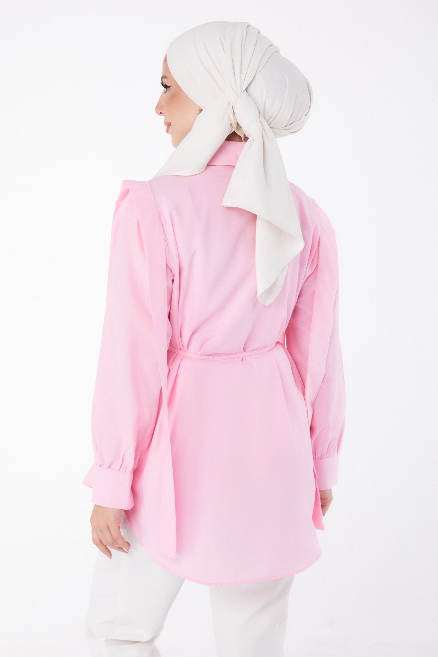 Düz Gömlek Yaka Kadın Pembe Bağcıklı Tunik - 25552 - 5