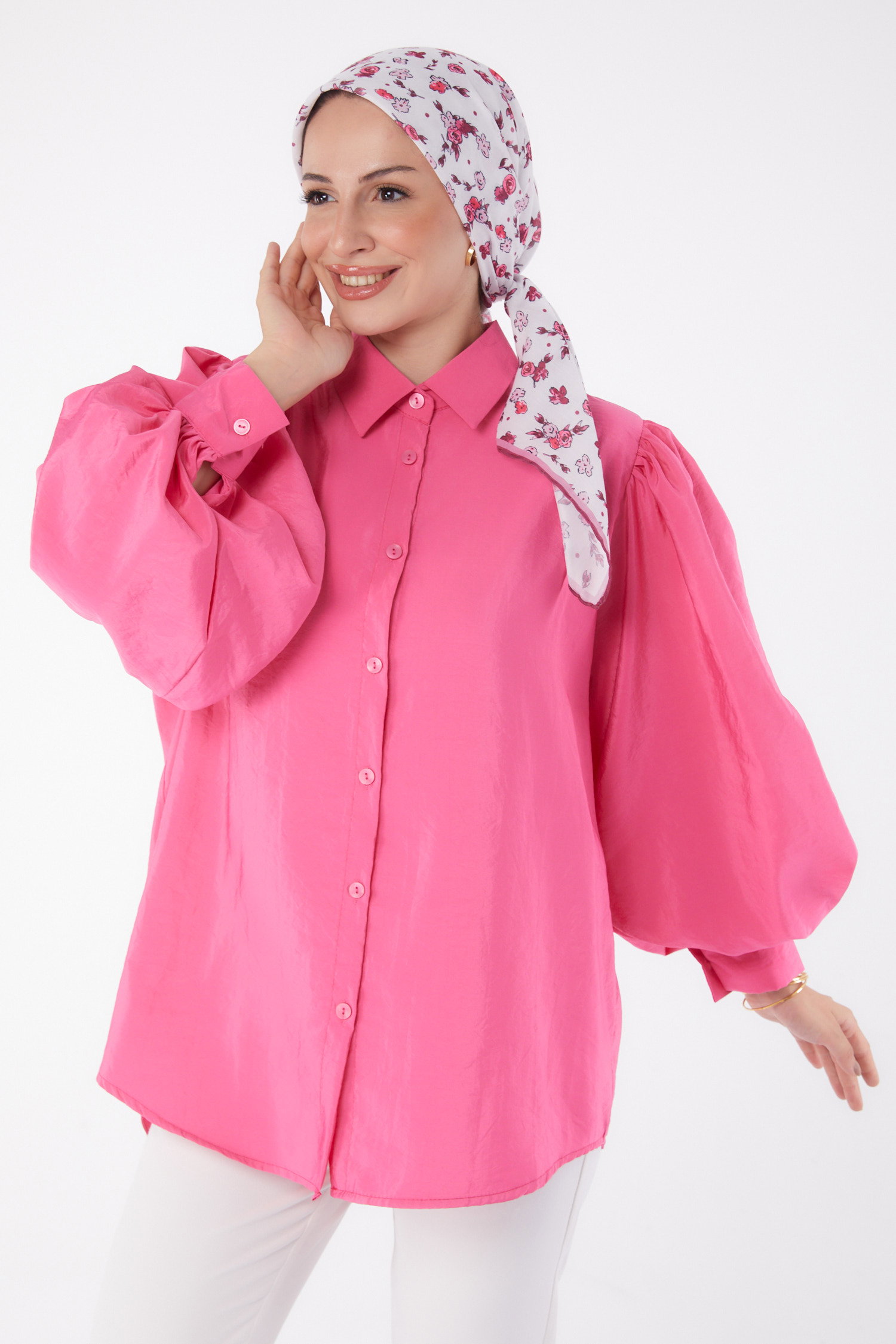 Düz Gömlek Yaka Kadın Pembe Balon Kollu Gömlek - 26069 - 1
