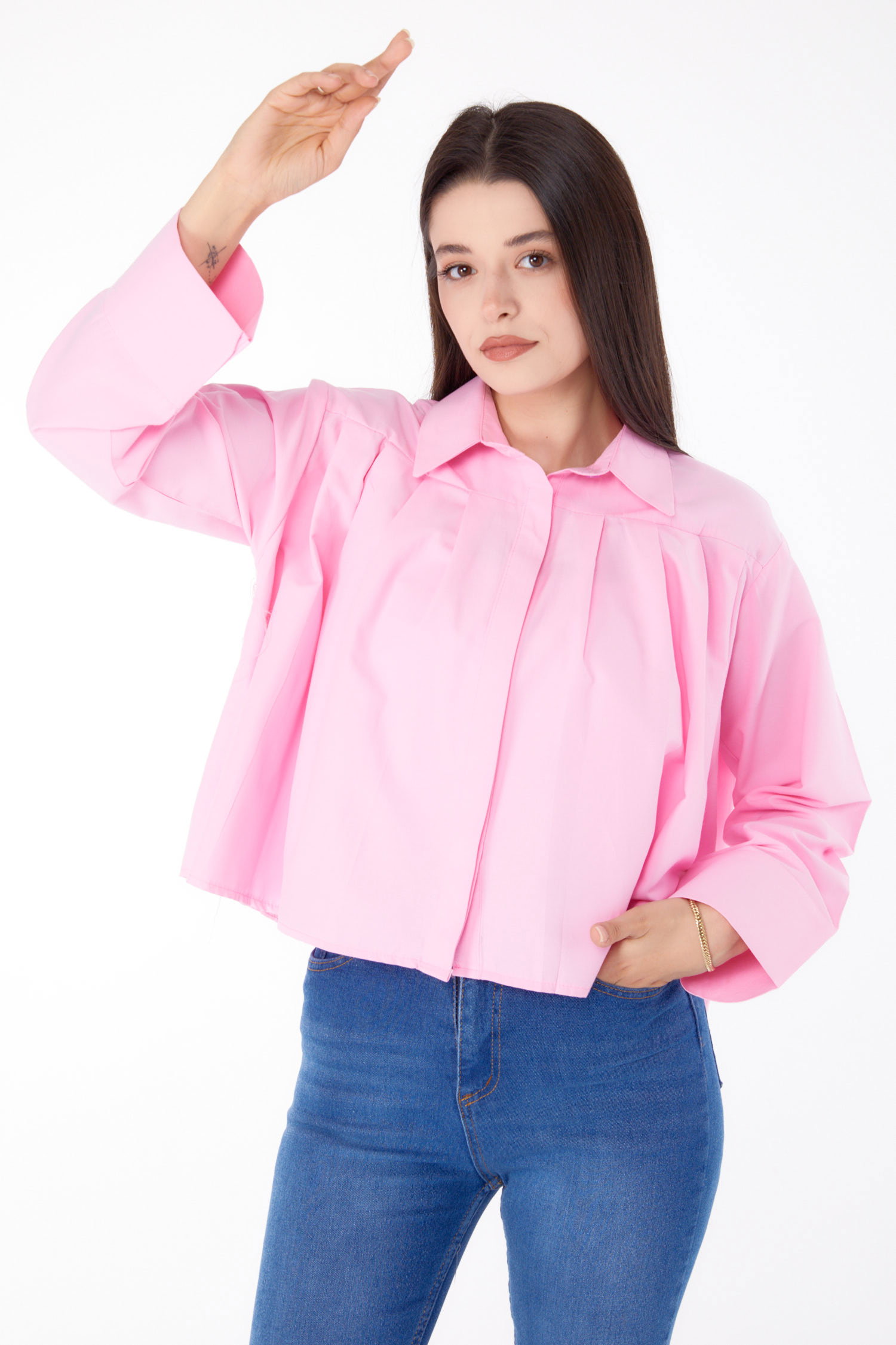 Düz Gömlek Yaka Kadın Pembe Kısa Pileli Gömlek - 25689 - 1