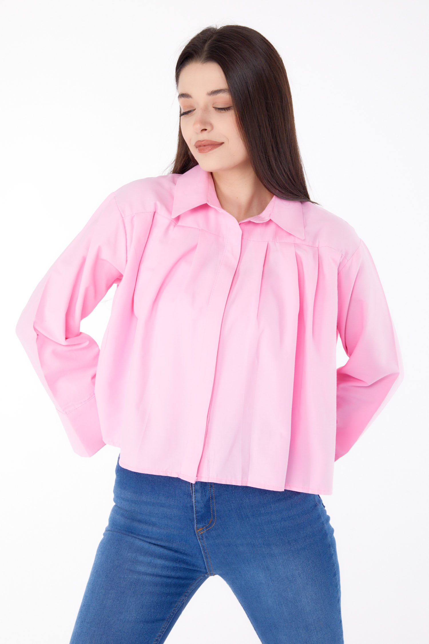 Düz Gömlek Yaka Kadın Pembe Kısa Pileli Gömlek - 25689 - 3