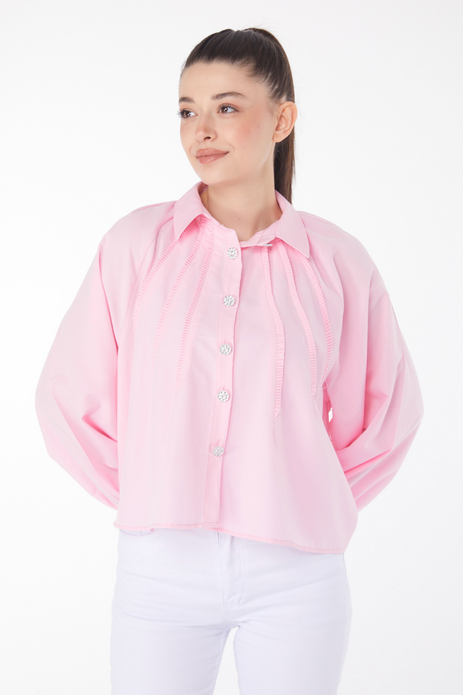 Önü Fırfırlı Gömlek Pembe - 25886 - 1