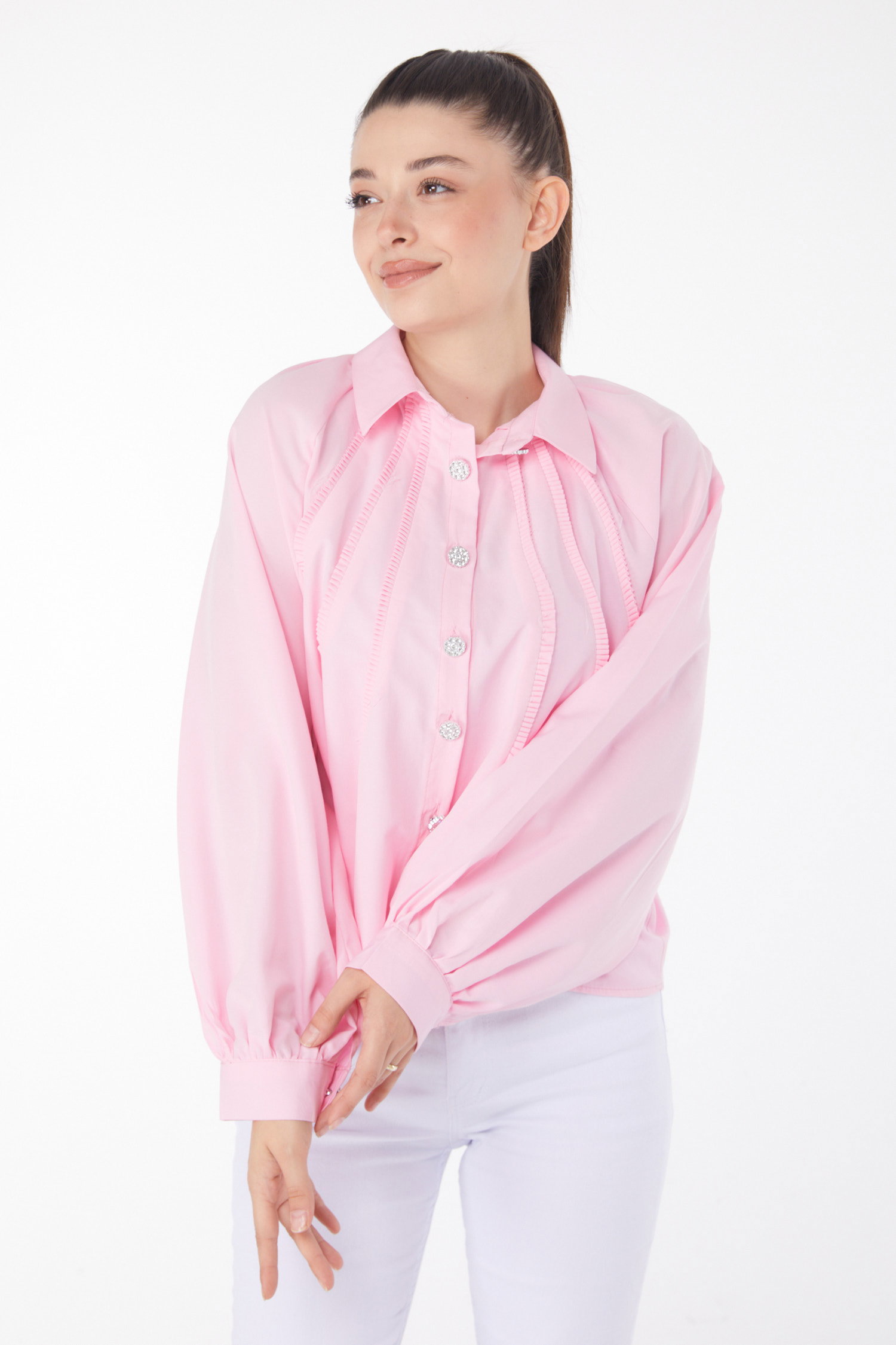 Önü Fırfırlı Gömlek Pembe - 25886 - 2