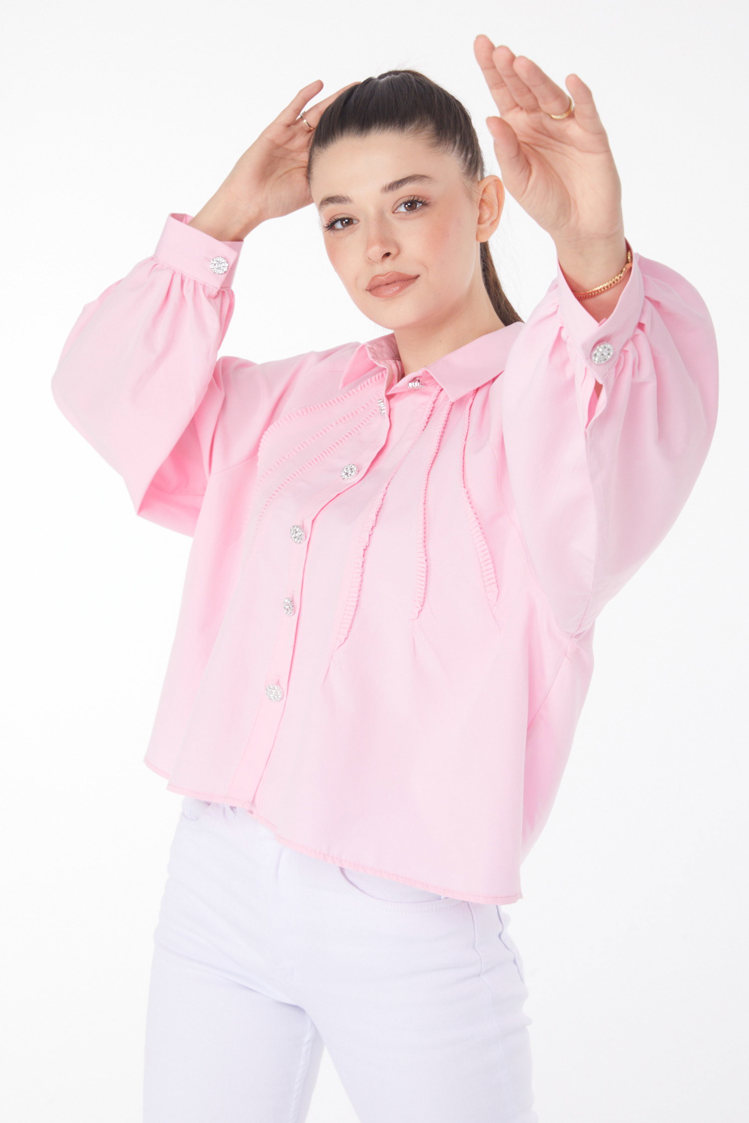 Önü Fırfırlı Gömlek Pembe - 25886 - 3