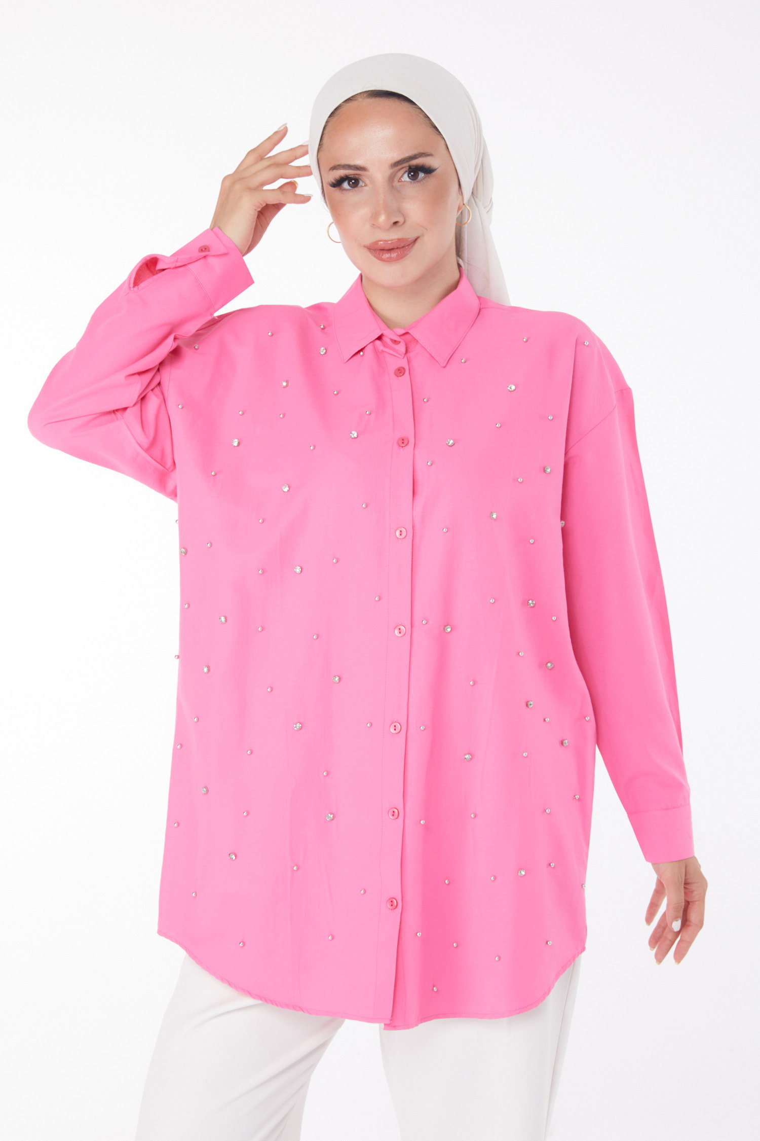 Düz Gömlek Yaka Kadın Pembe Taşlı Tunik - 25908 - 1