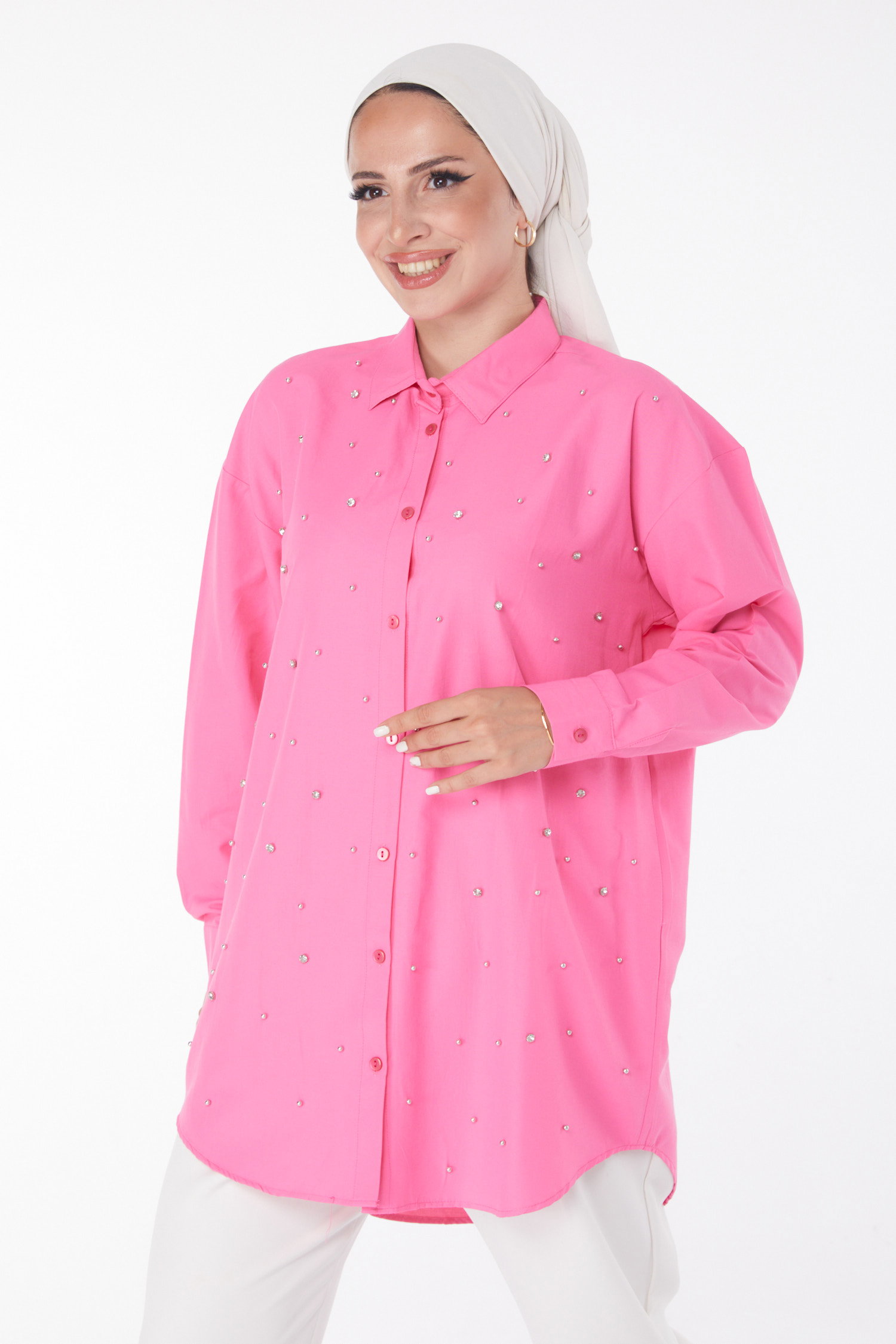 Düz Gömlek Yaka Kadın Pembe Taşlı Tunik - 25908 - 2