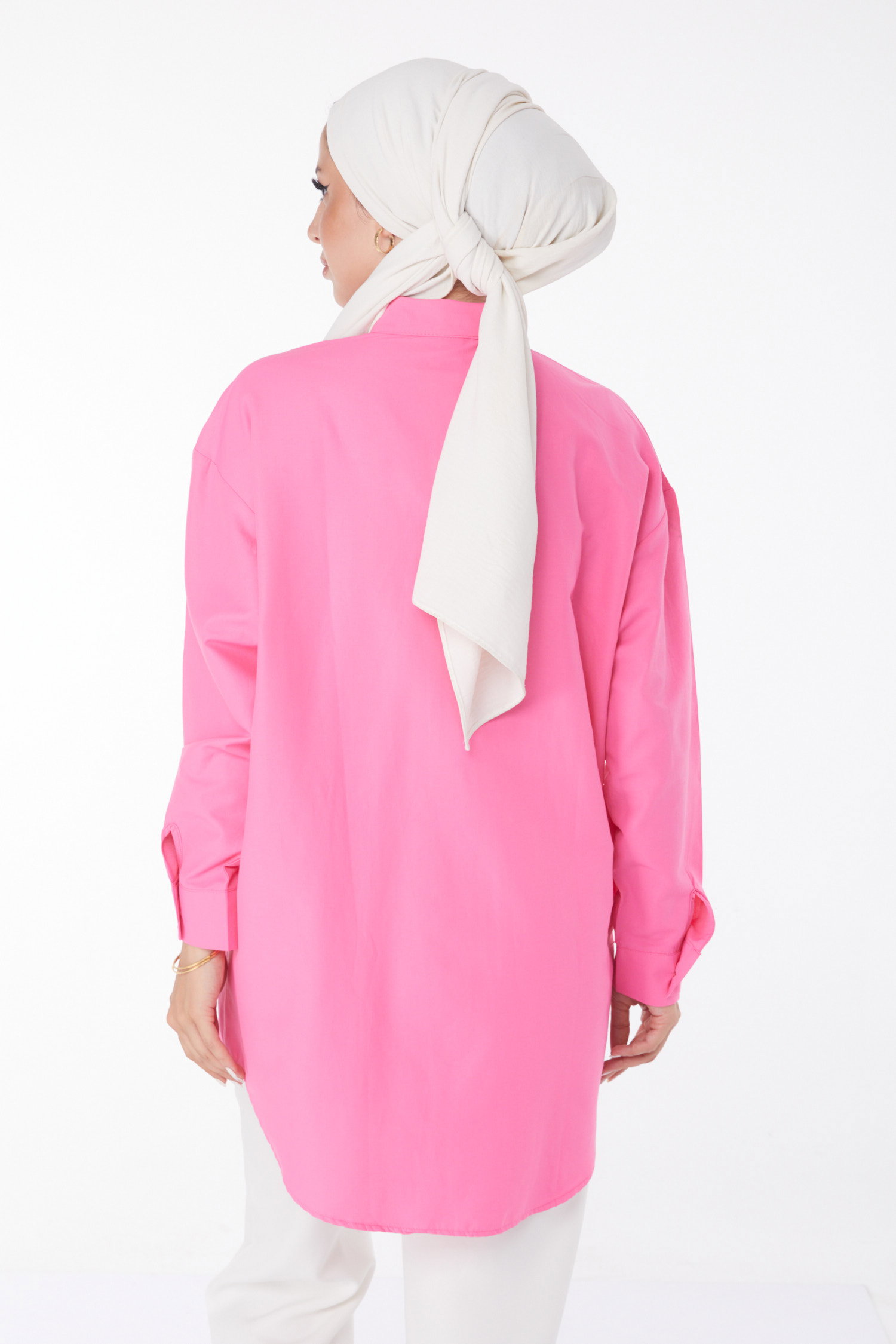 Düz Gömlek Yaka Kadın Pembe Taşlı Tunik - 25908 - 4